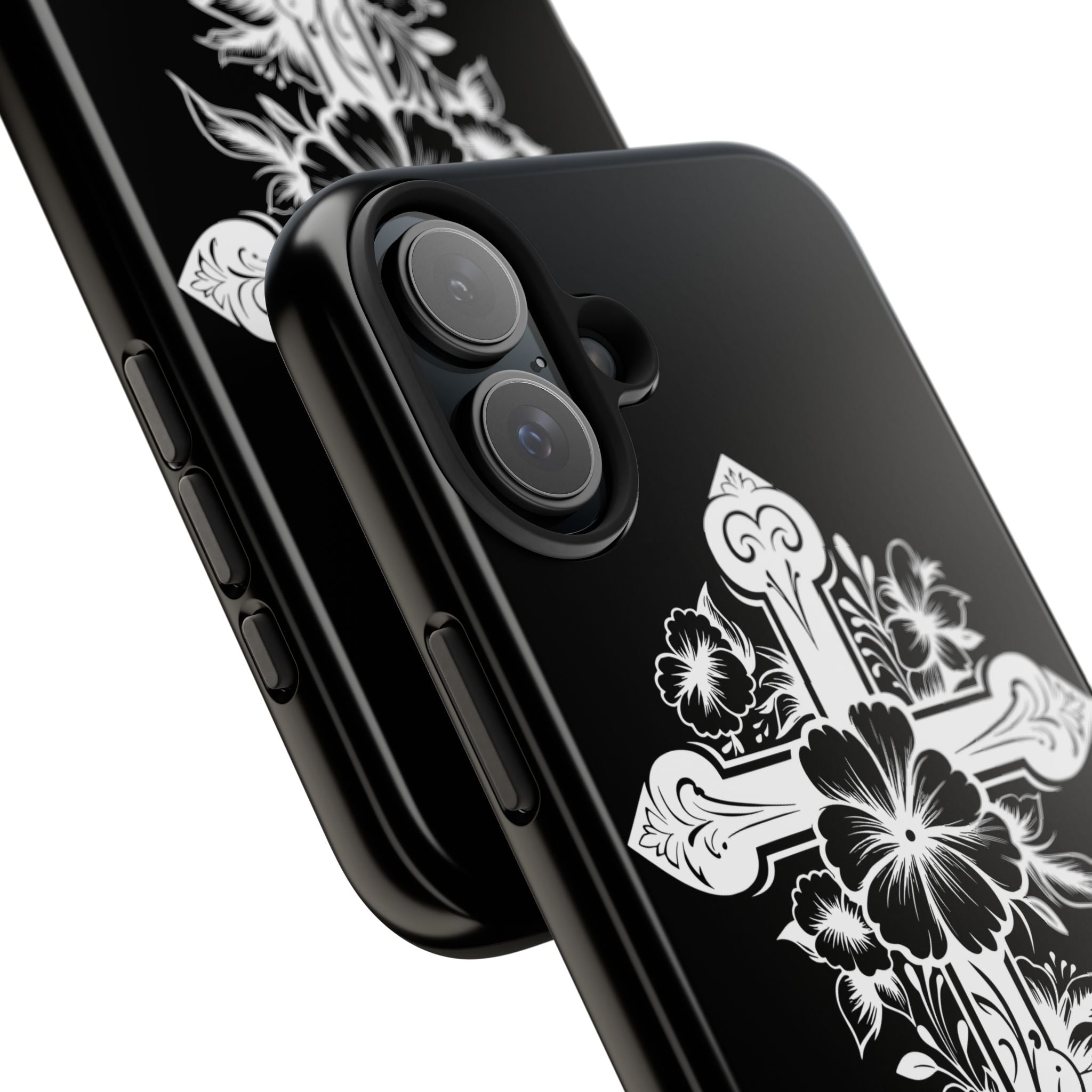 Floral Cross Tough Phone Case — Black Protective Christian Phone Cover