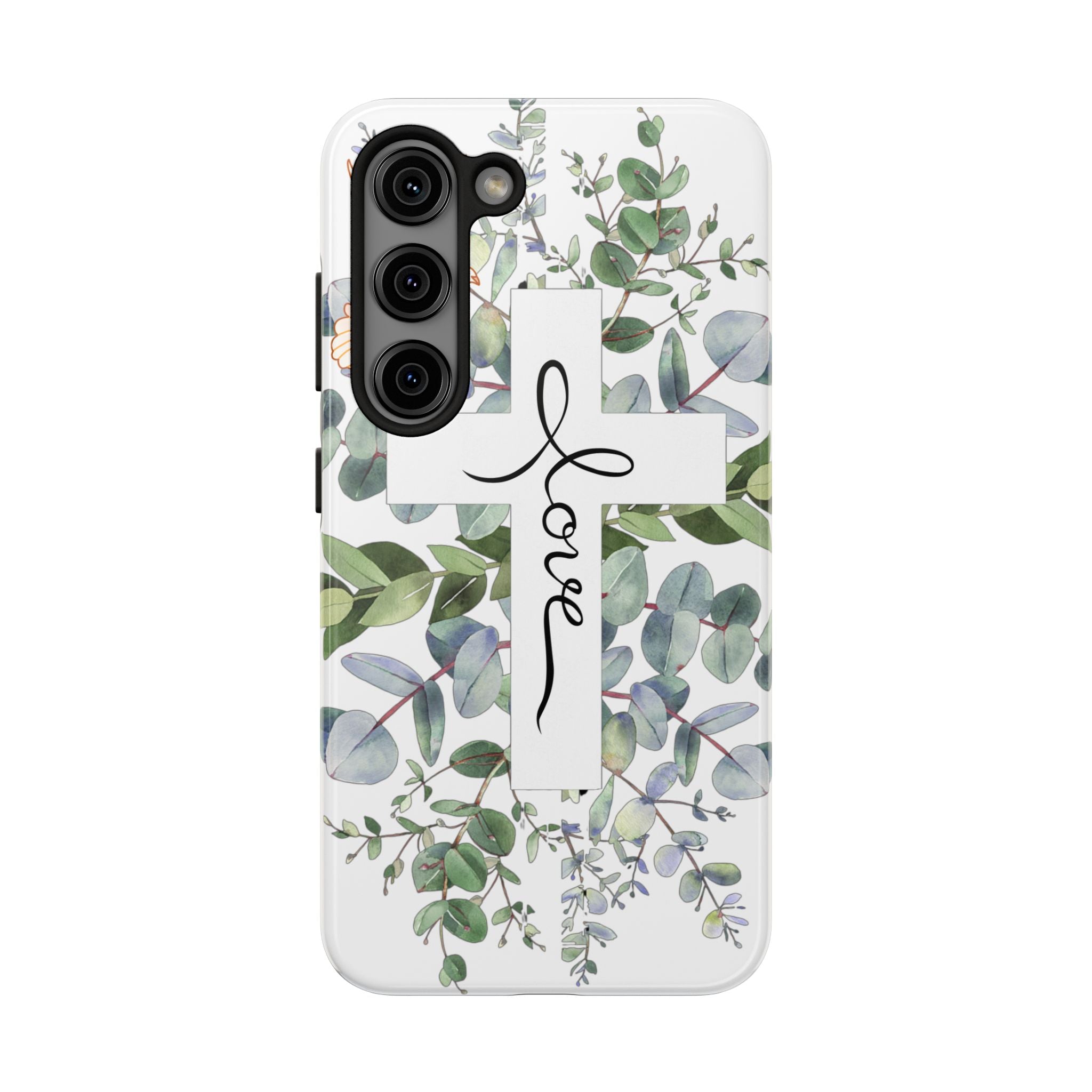 Religious Cross Tough Phone Case — Eucalyptus Floral "Love" Design