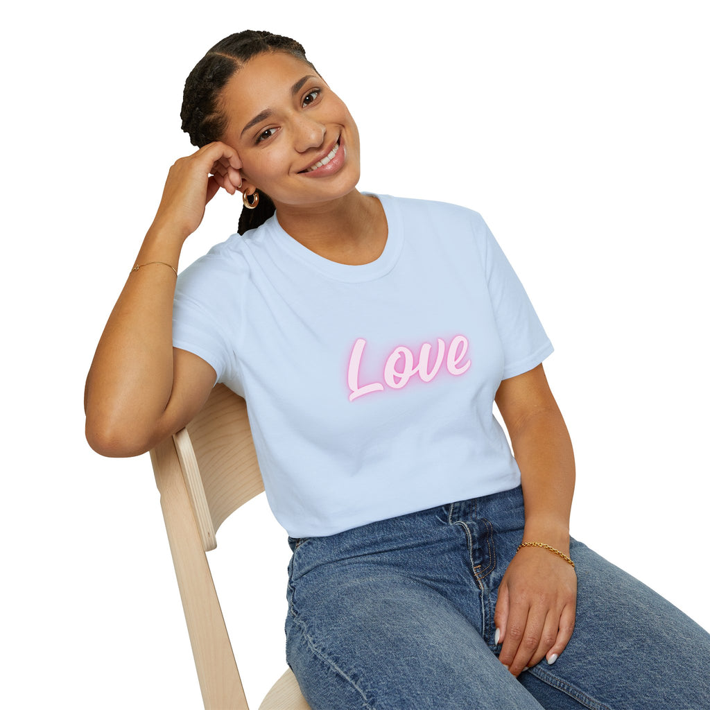 Love Script T-Shirt — Pink Neon "Love" Graphic with Scripture Back