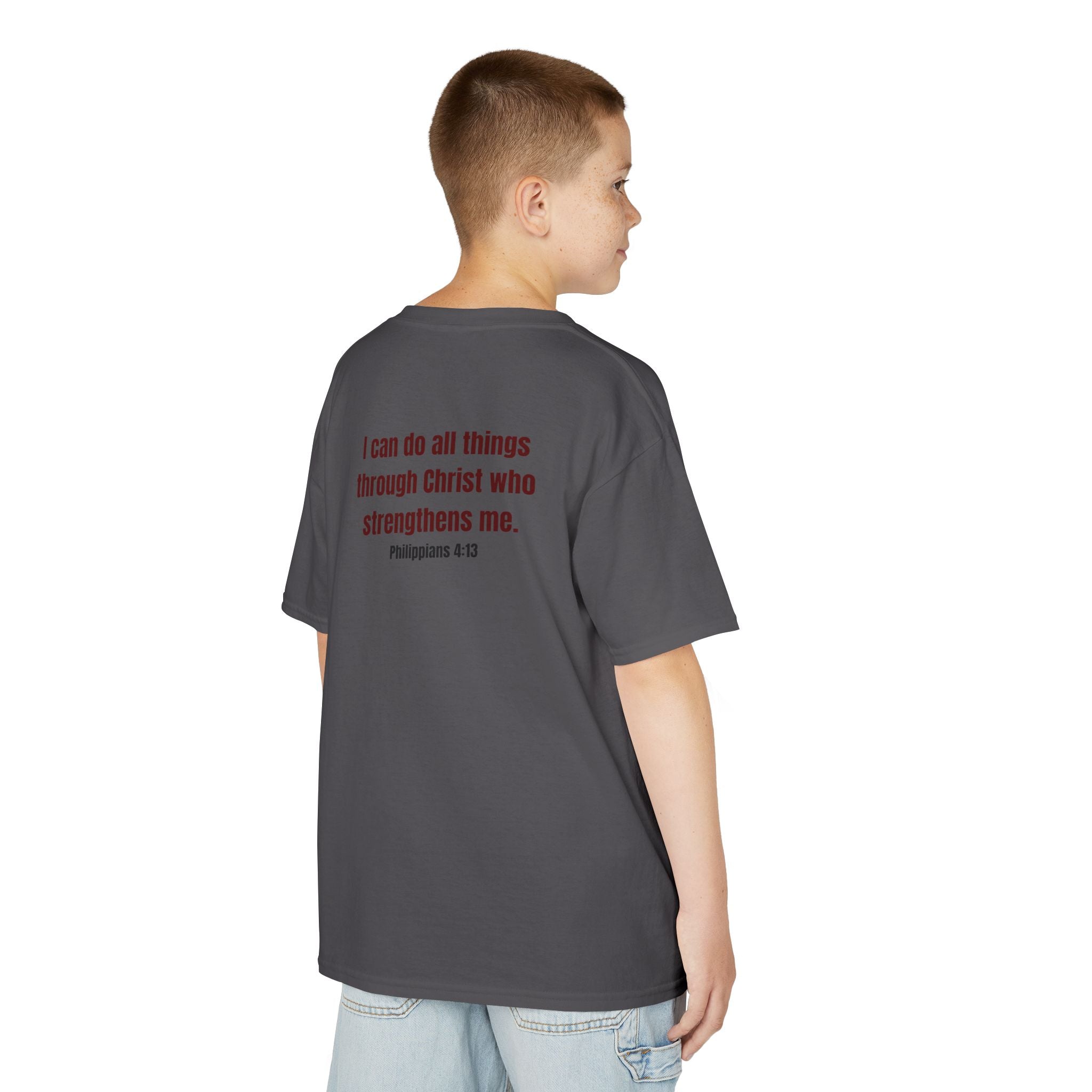 Kids Tee — "Strong" Muscle Graphic with Philippians 4:13 Back (Christian Inspirational)