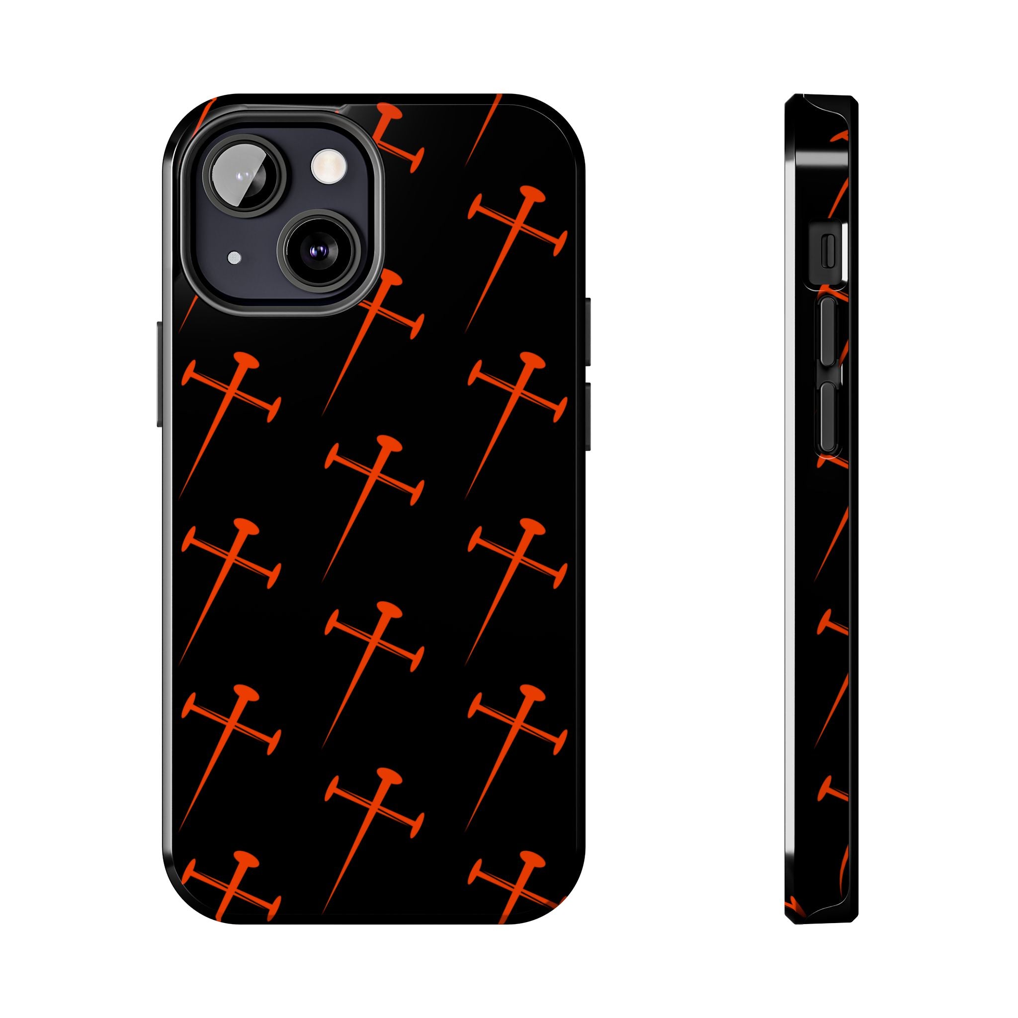 Black Tough Phone Case with Orange Nail Cross Pattern