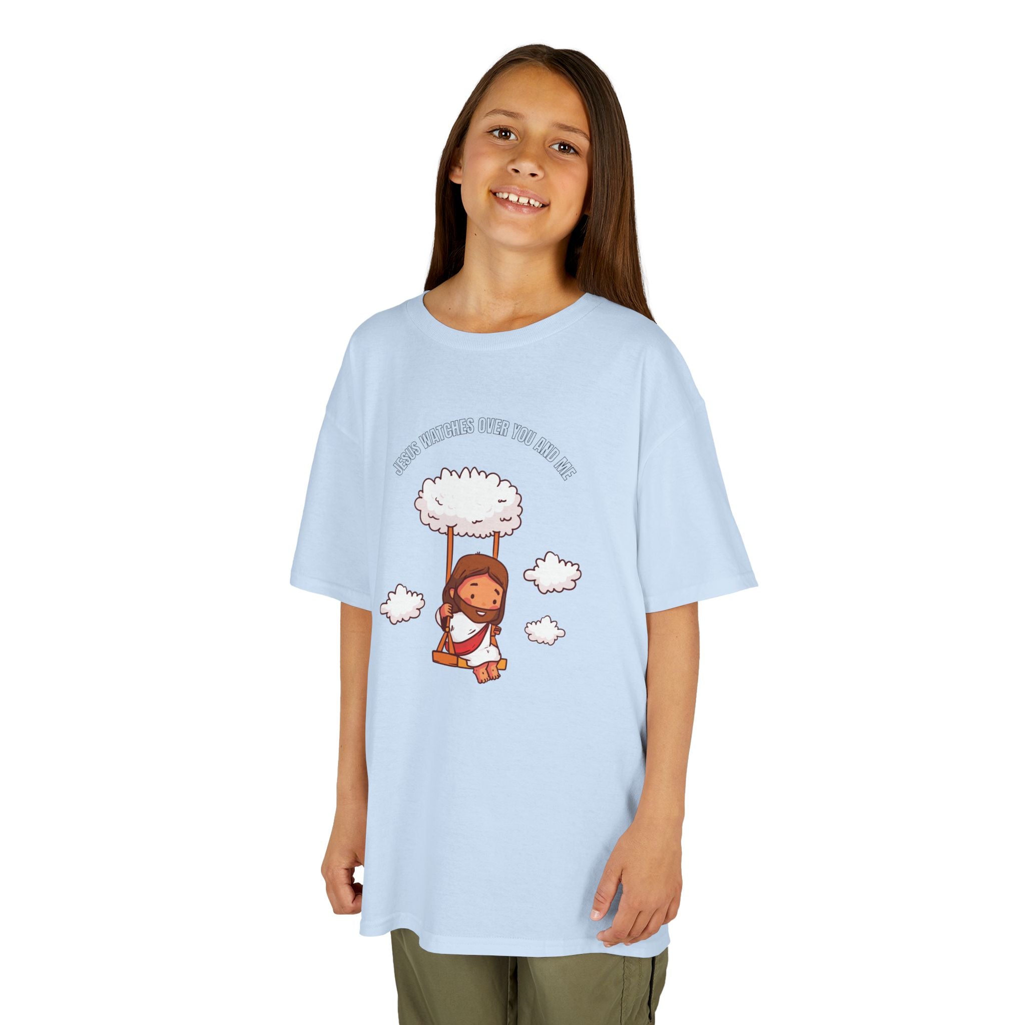 Kids Tee — Cute Jesus on Swing Under Cloud "Jesus Watches Over You and Me"