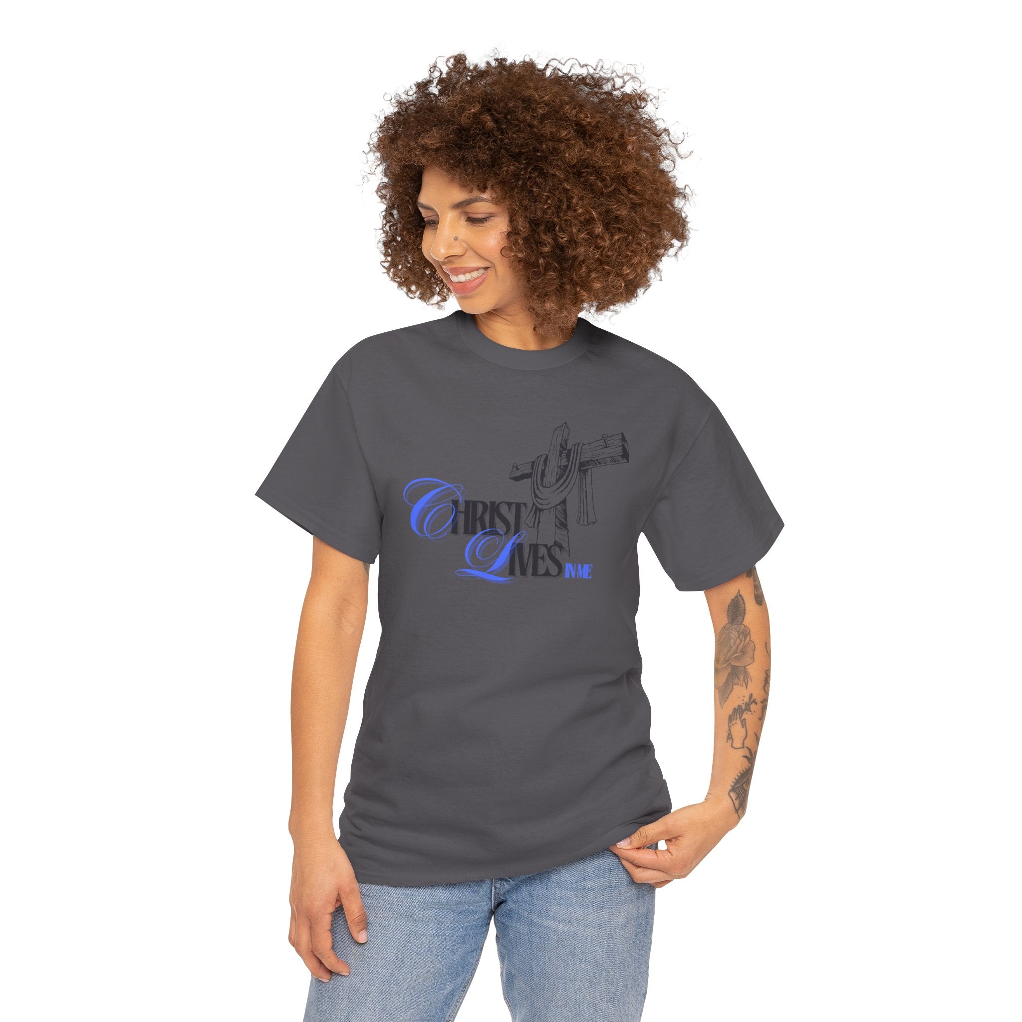 Christian Cross Tee — “Christ Lives in Me” Scripture Shirt (Galatians 2:20)