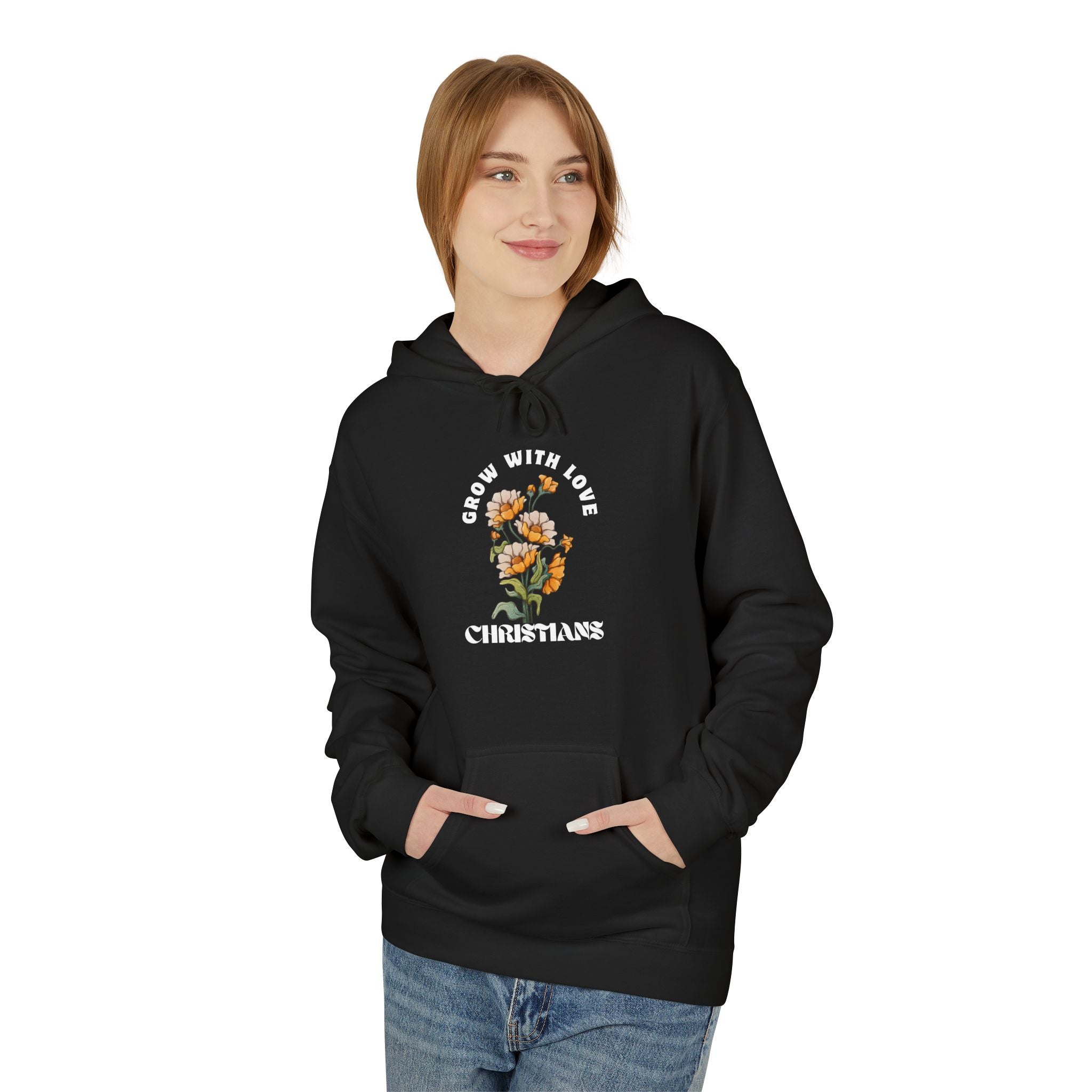 Christian Hoodie – "Grow in Love" Floral Cross with Ephesians 4:2 Verse Back