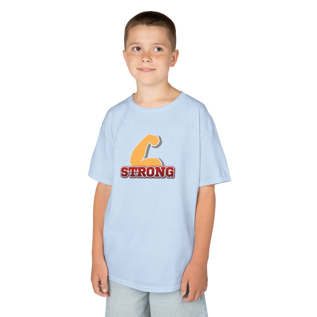 Kids Tee — "Strong" Muscle Graphic with Philippians 4:13 Back (Christian Inspirational)