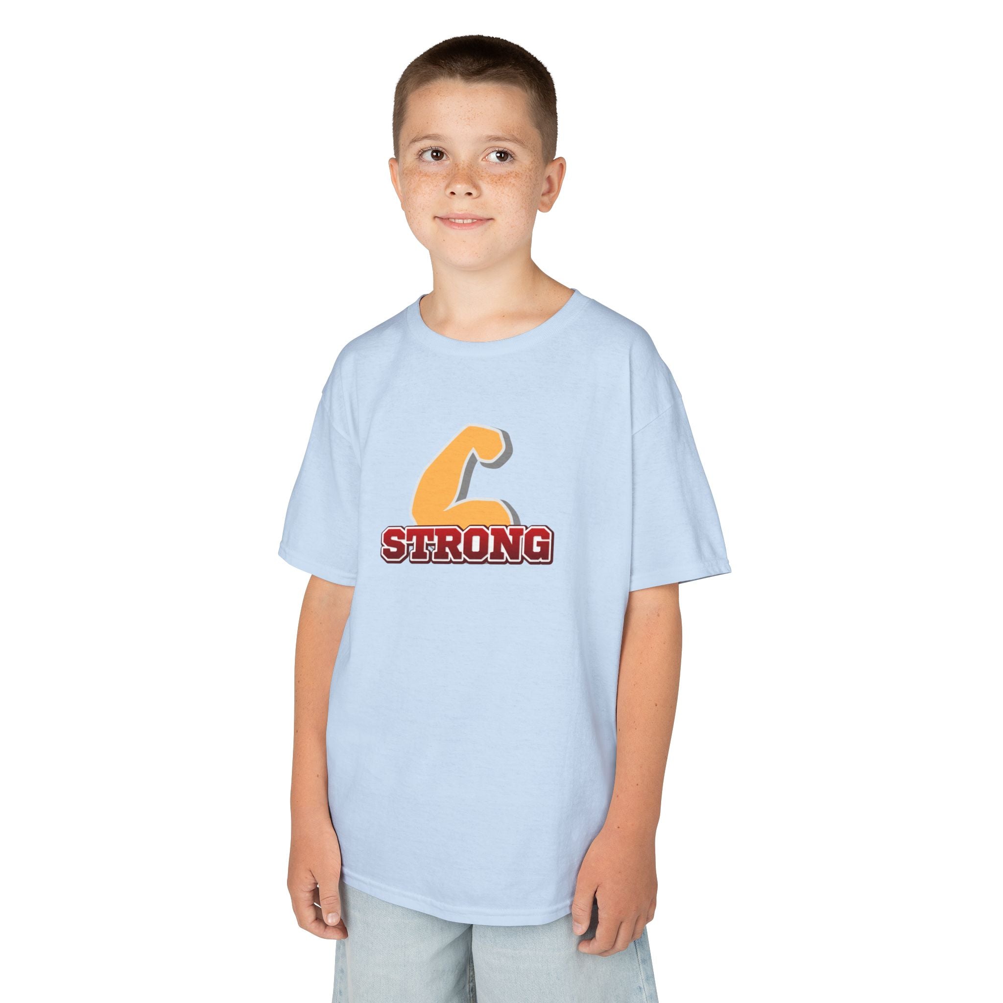 Kids Tee — "Strong" Muscle Graphic with Philippians 4:13 Back (Christian Inspirational)
