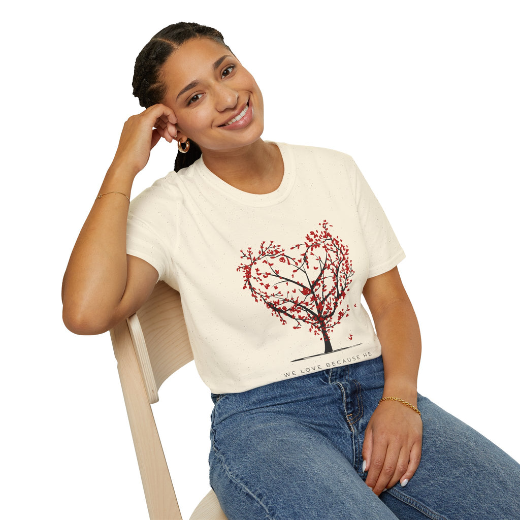 Heart Blossom Tree T‑Shirt — "We Love Because He First Loved Us" Christian Tee