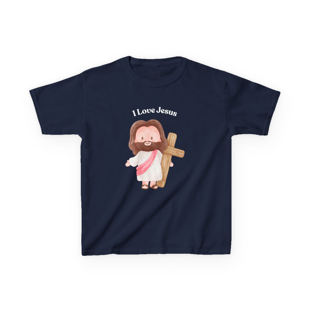 Kids T-Shirt — Cute "I Love Jesus" Cartoon Jesus Holding Cross — Christian Easter Gift for Children