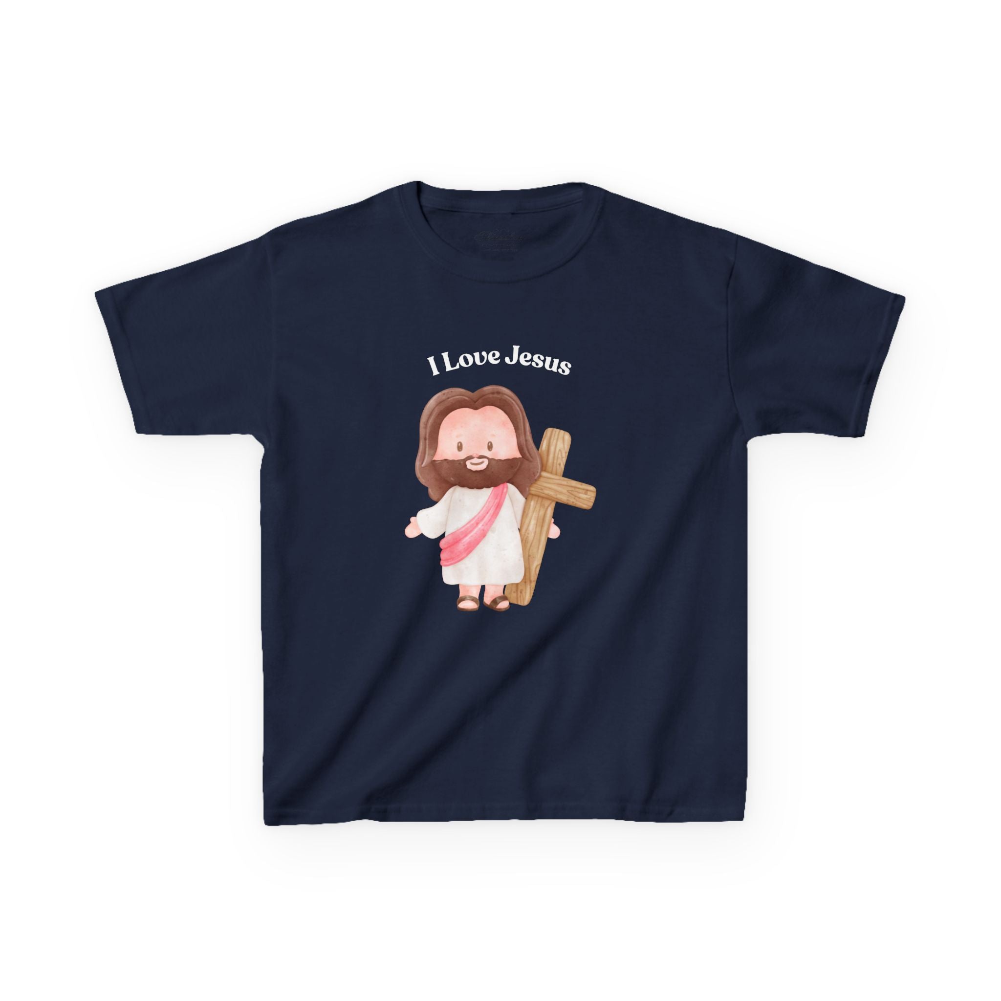 Kids T-Shirt — Cute "I Love Jesus" Cartoon Jesus Holding Cross — Christian Easter Gift for Children
