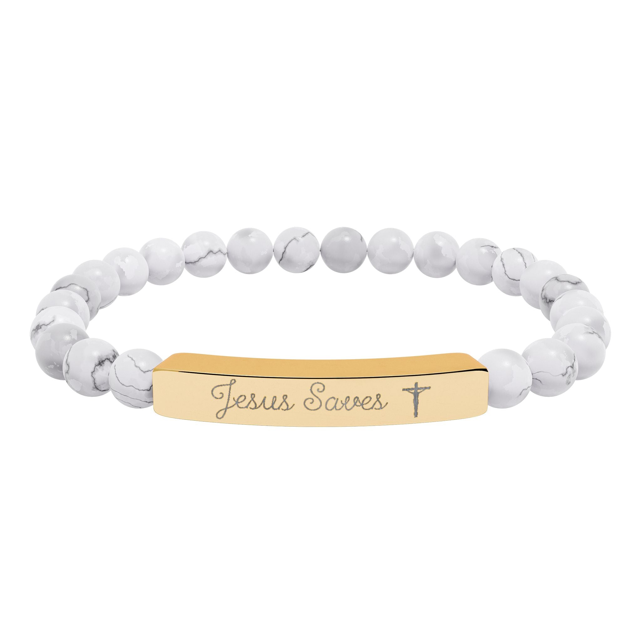 Engraved Natural Stone Stretch Bracelet — Personalized Bar Bead Bracelet ("Jesus Loves")