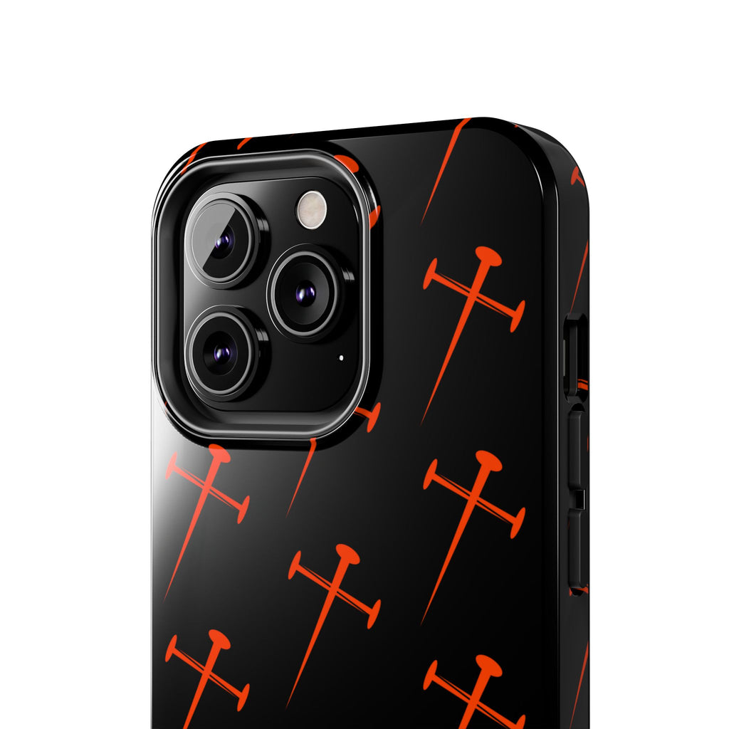 Black Tough Phone Case with Orange Nail Cross Pattern
