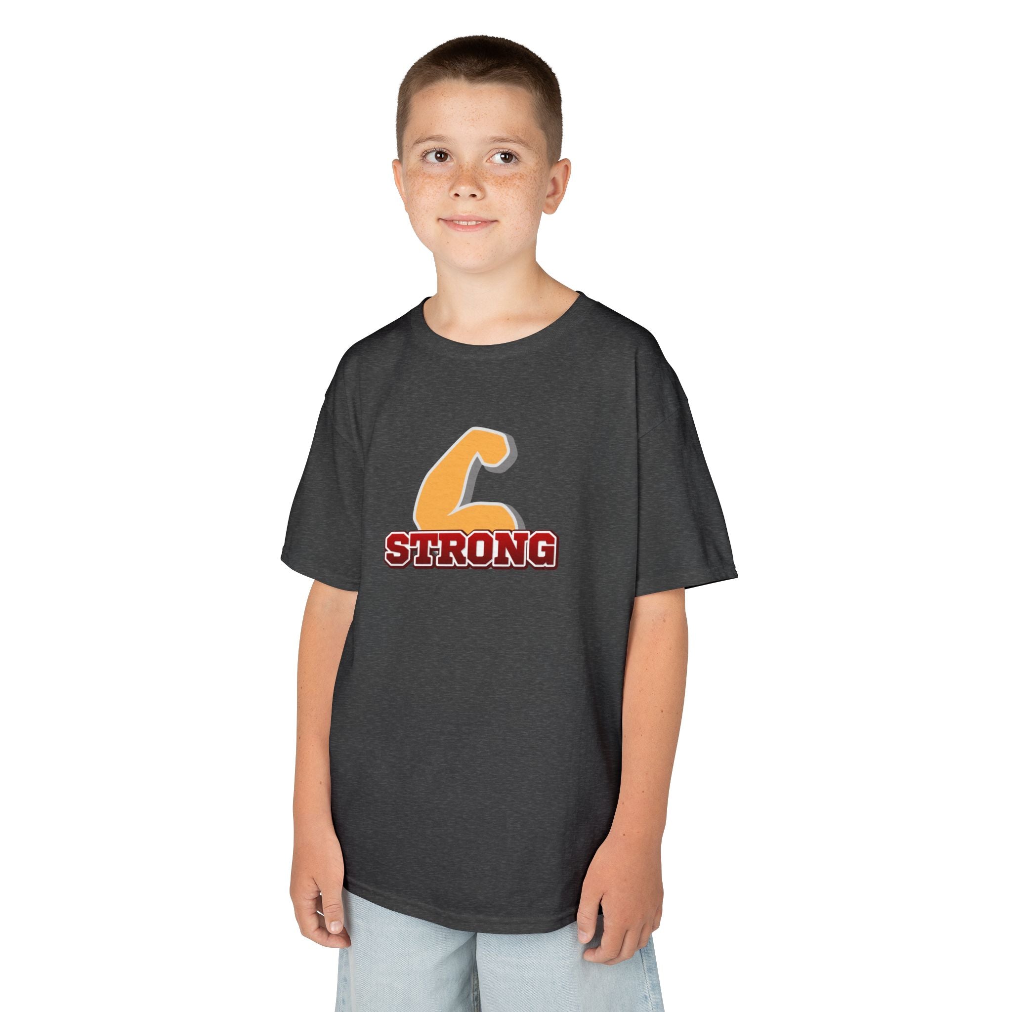 Kids Tee — "Strong" Muscle Graphic with Philippians 4:13 Back (Christian Inspirational)