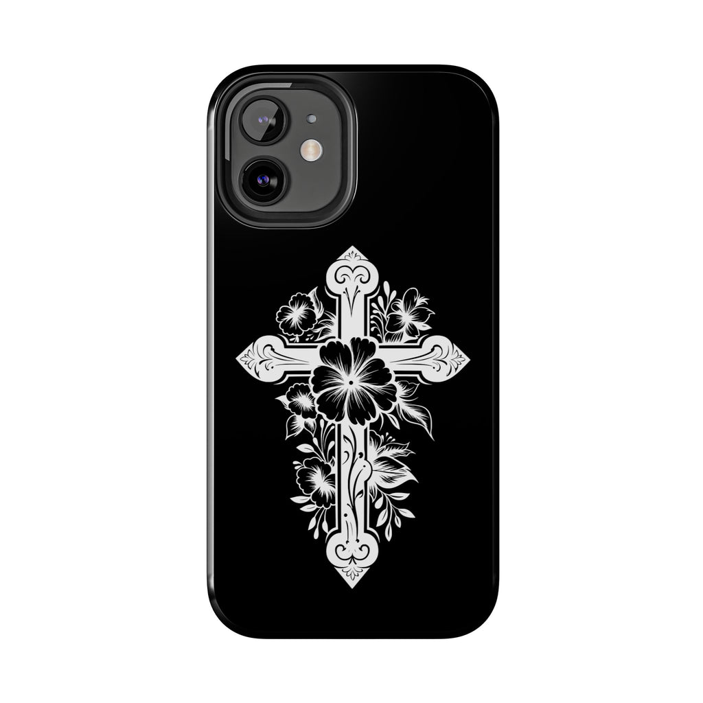 Floral Cross Tough Phone Case — Black Protective Christian Phone Cover