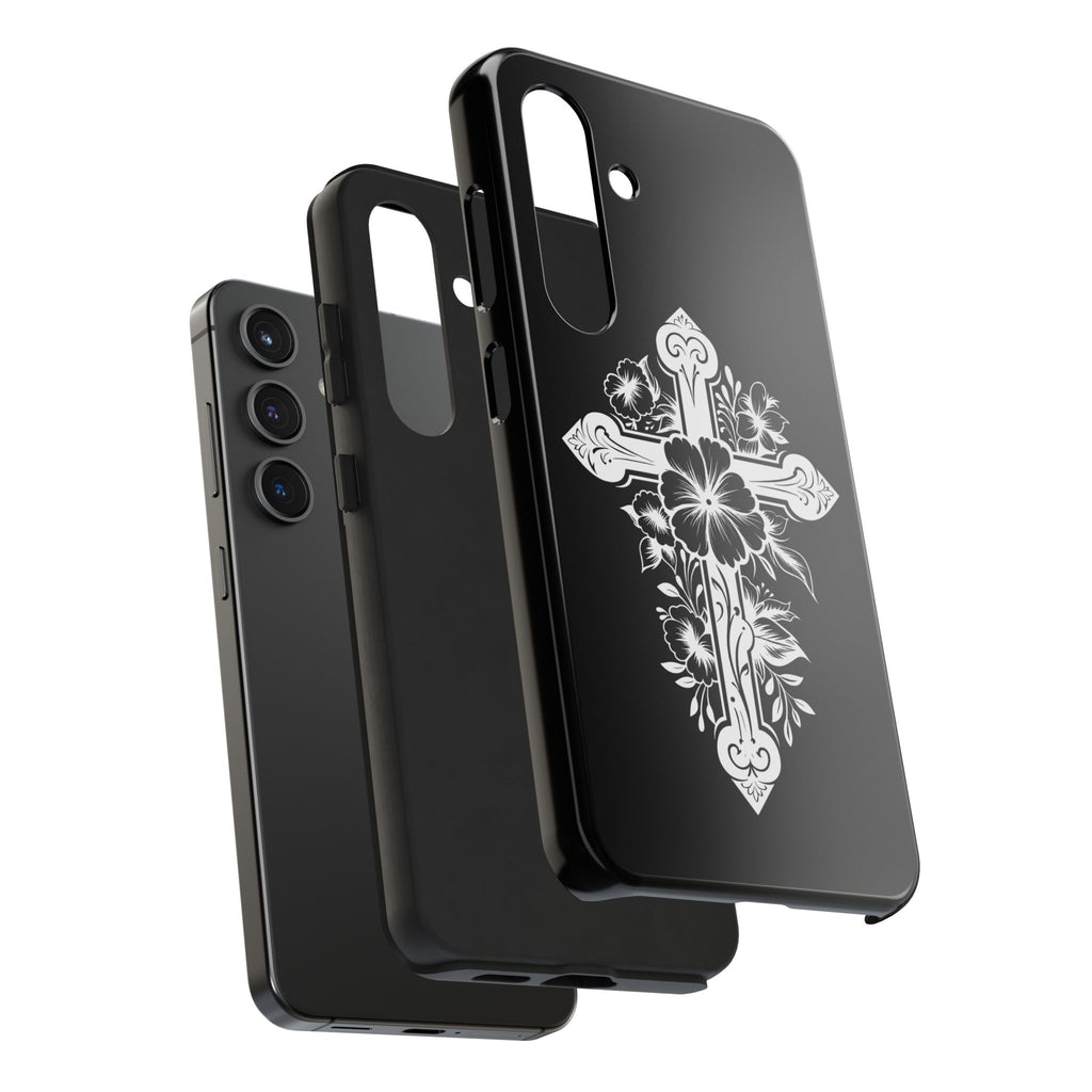Floral Cross Tough Phone Case — Black Protective Christian Phone Cover