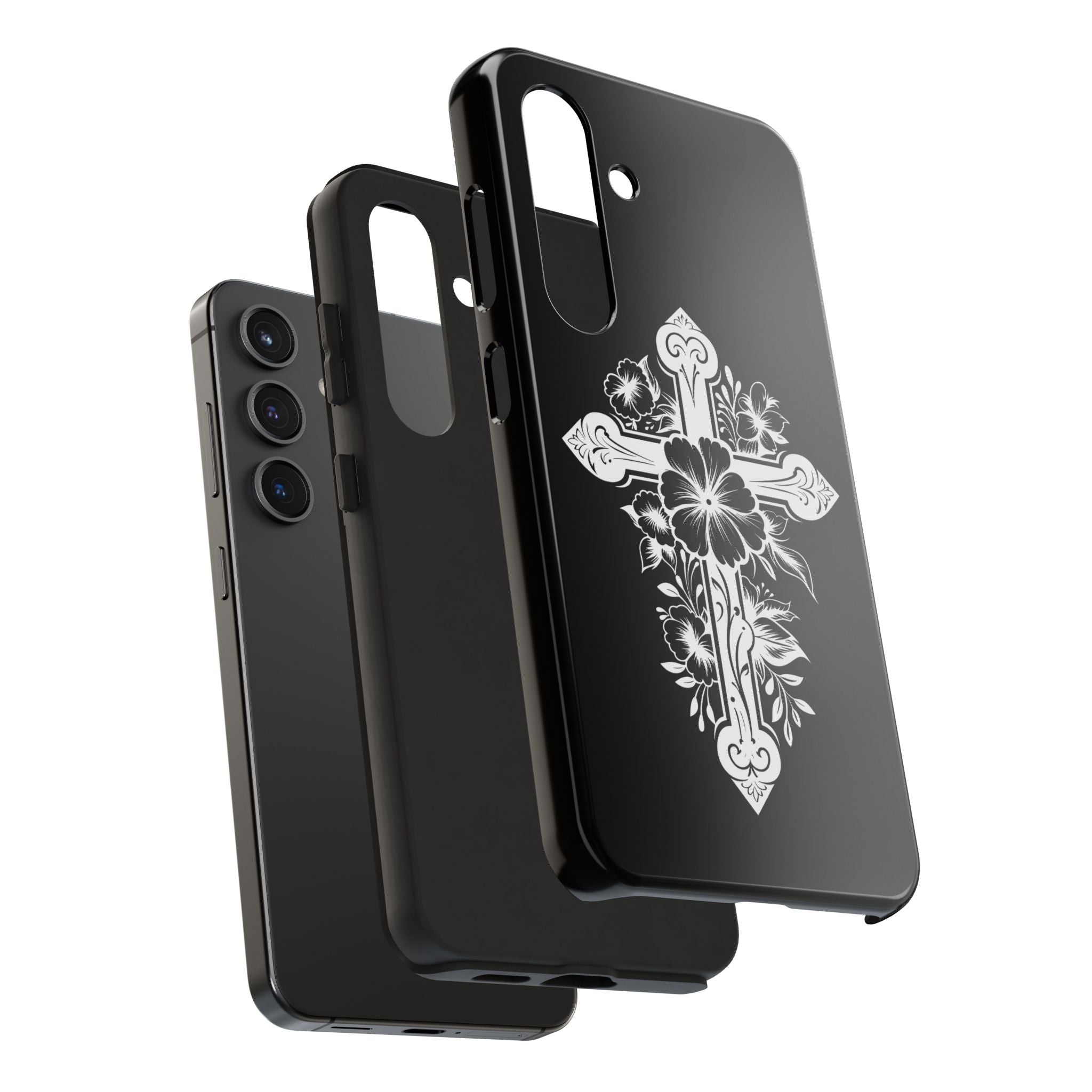 Floral Cross Tough Phone Case — Black Protective Christian Phone Cover