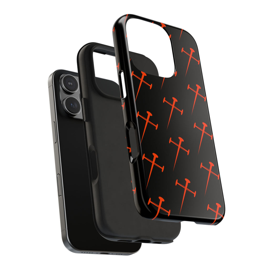 Black Tough Phone Case with Orange Nail Cross Pattern