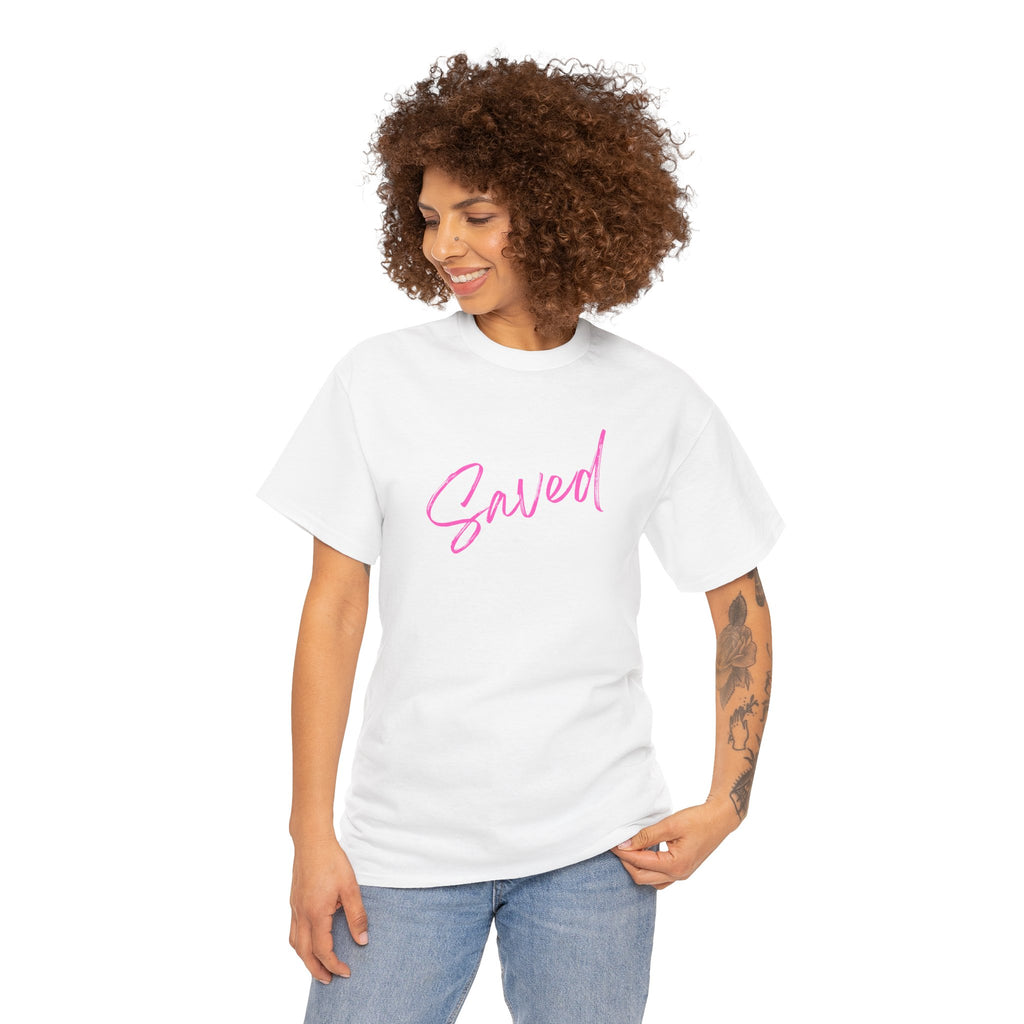 Saved T‑Shirt — Pink Script Faith Tee with Inspiring Back Verse