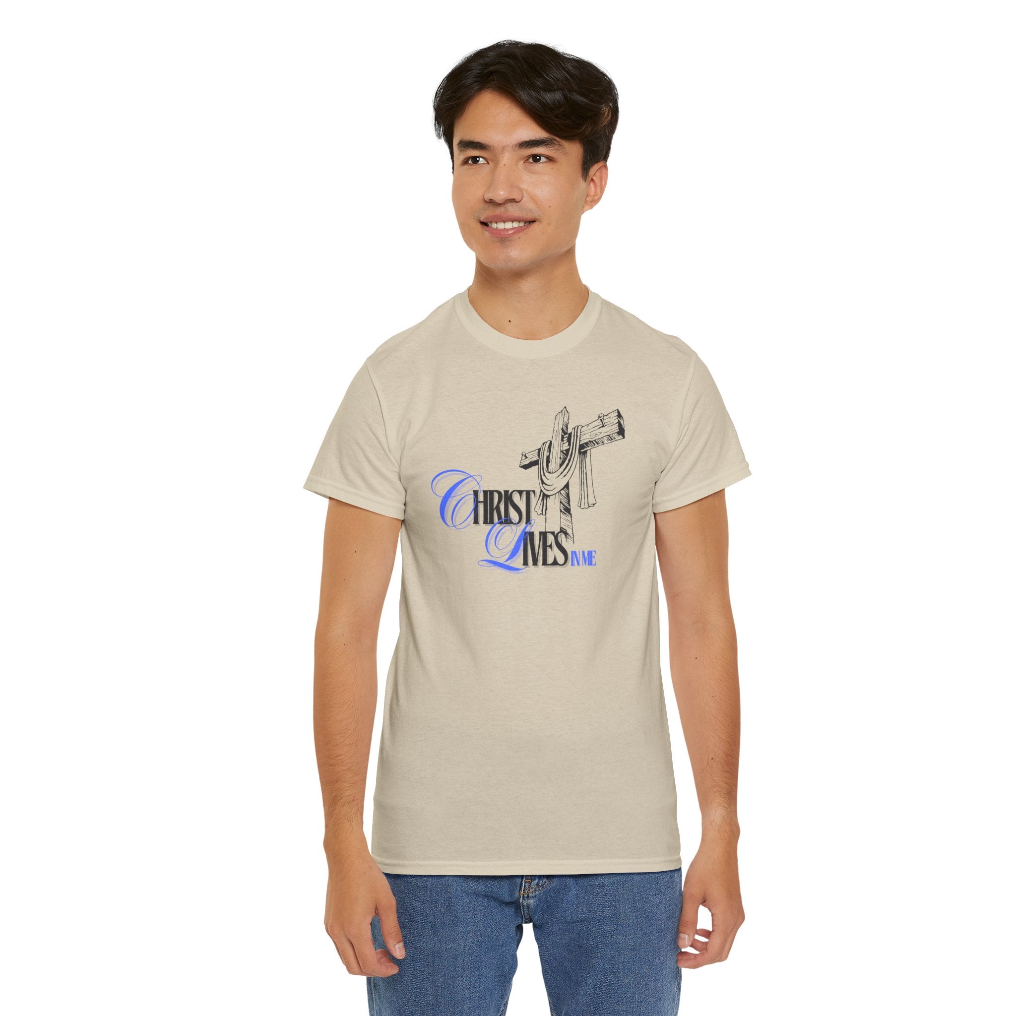 Christian Cross Tee — “Christ Lives in Me” Scripture Shirt (Galatians 2:20)