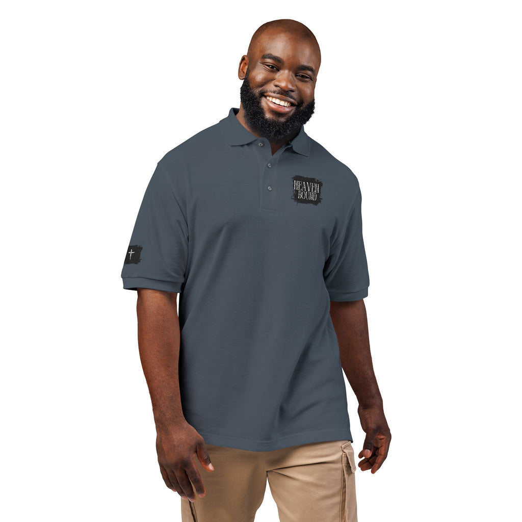 Embroidered Heaven Bound Patch Polo Shirt, Cross on Right Sleeve