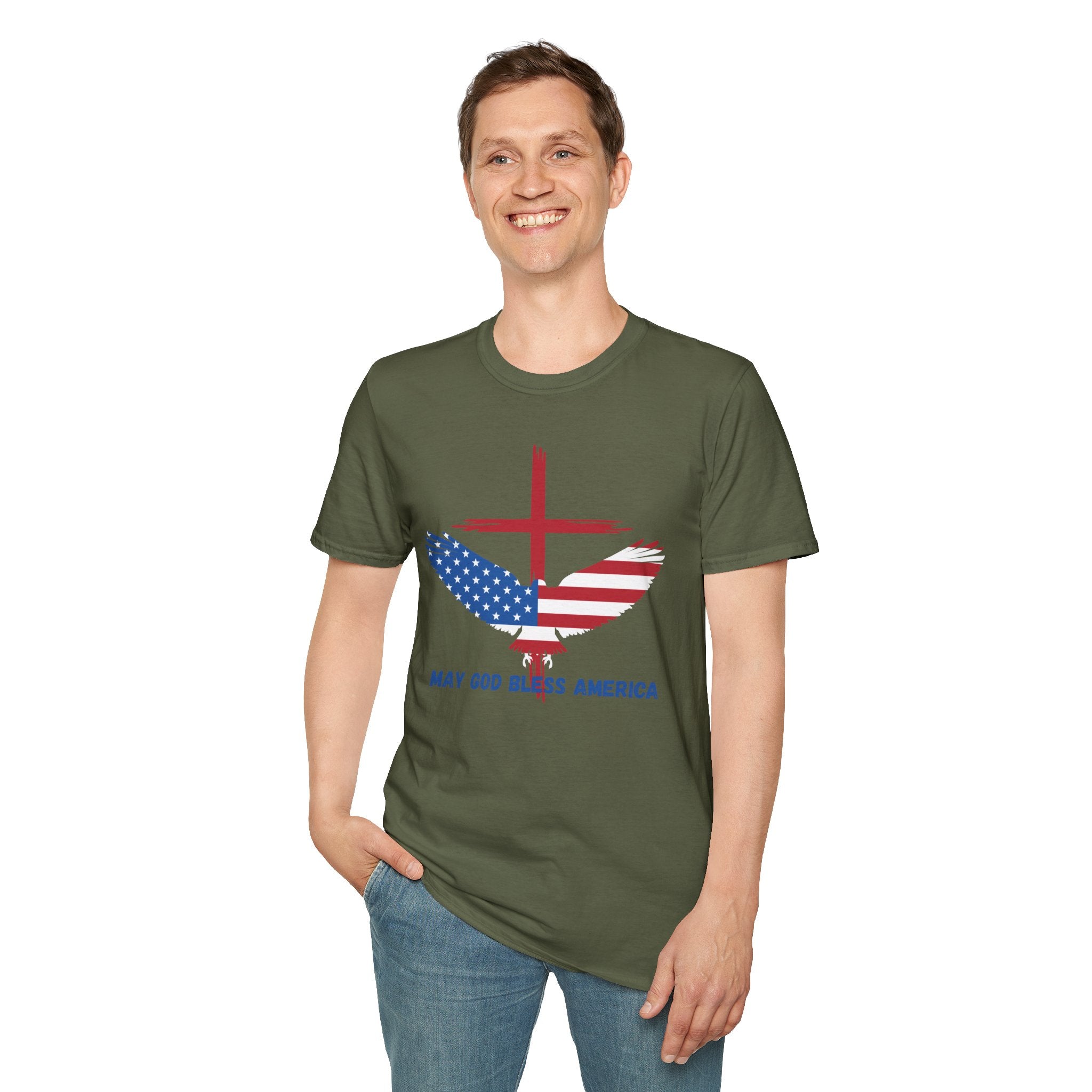 Patriotic Eagle T-Shirt — "May God Bless America" Flag Cross Graphic