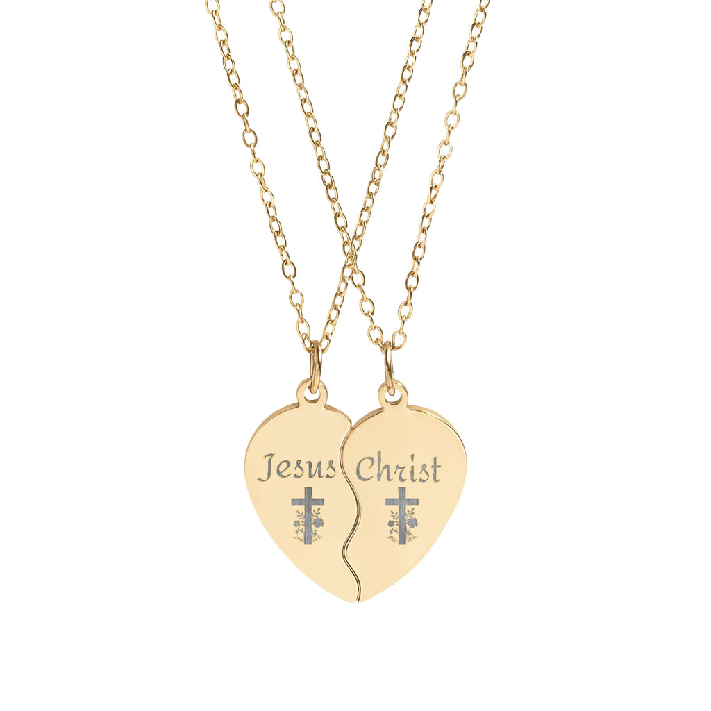 Engraved Break-Apart Heart Necklace Set — "Jesus Christ" Matching Friendship Pendant