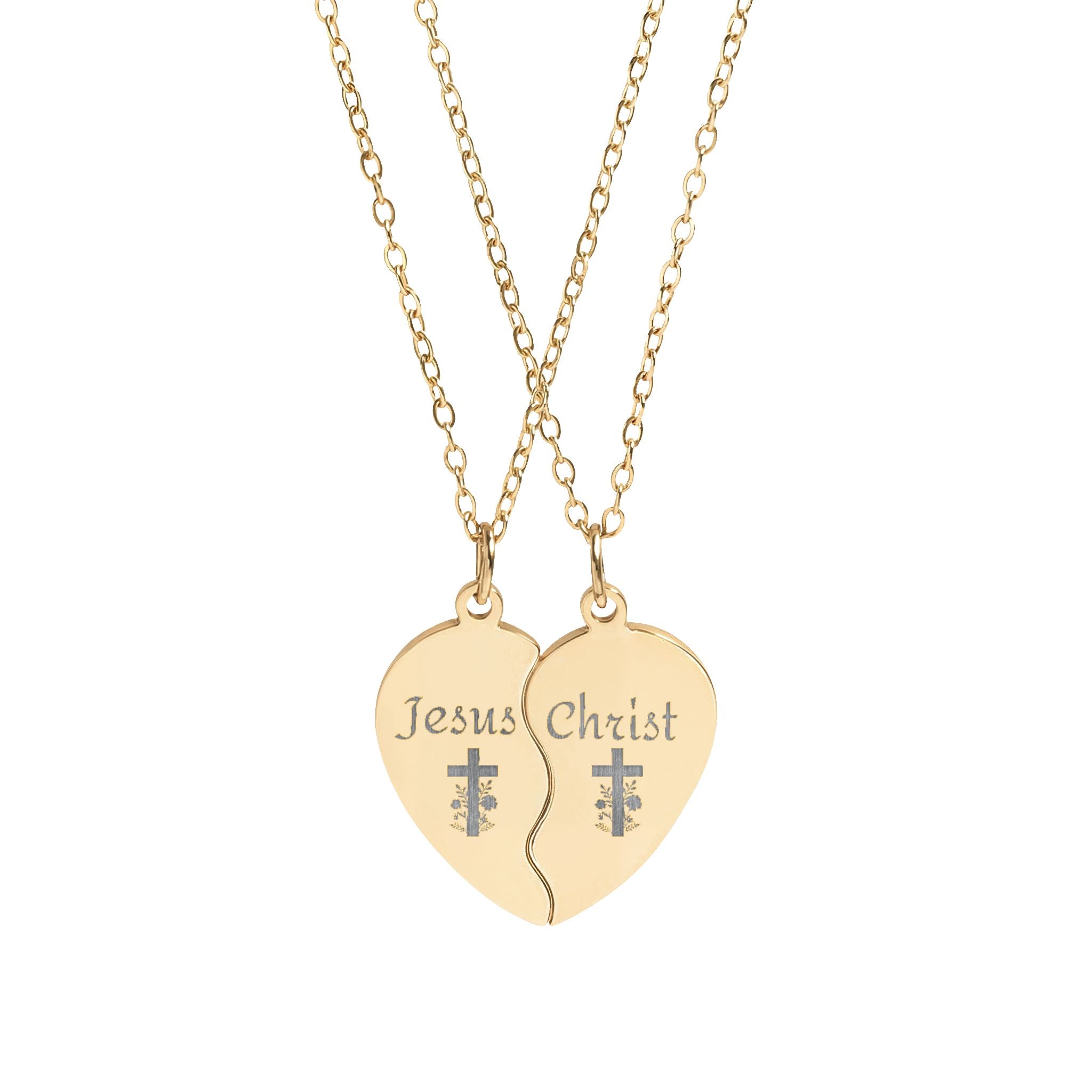 Engraved Break-Apart Heart Necklace Set — "Jesus Christ" Matching Friendship Pendant