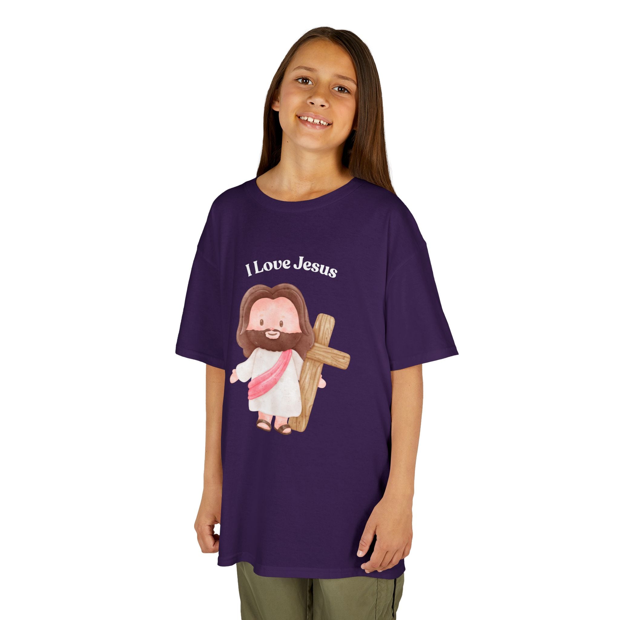 Kids T-Shirt — Cute "I Love Jesus" Cartoon Jesus Holding Cross — Christian Easter Gift for Children
