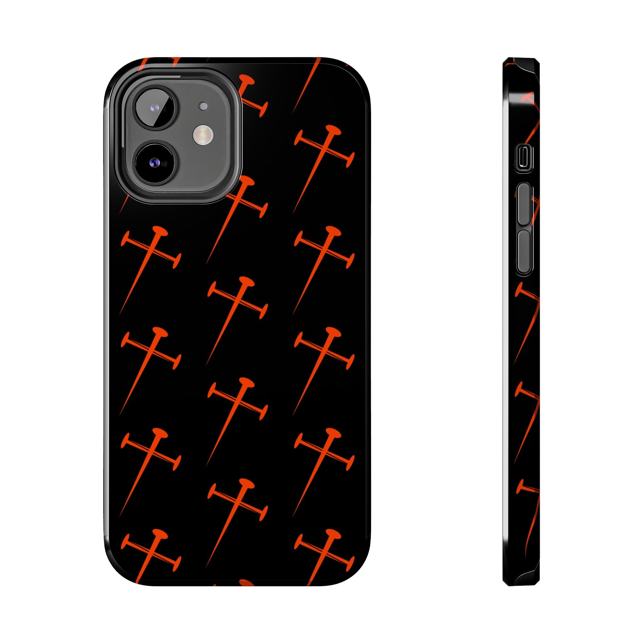 Black Tough Phone Case with Orange Nail Cross Pattern