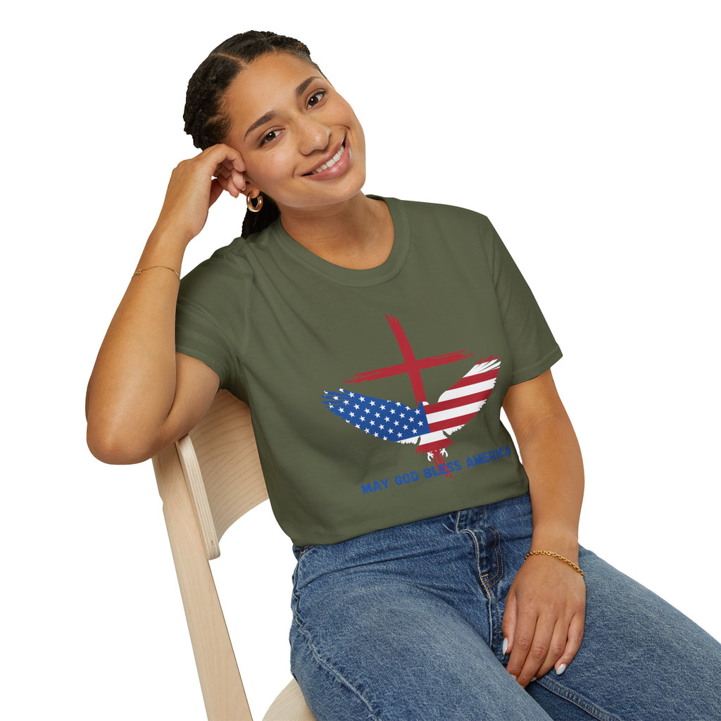Patriotic Eagle T-Shirt — "May God Bless America" Flag Cross Graphic