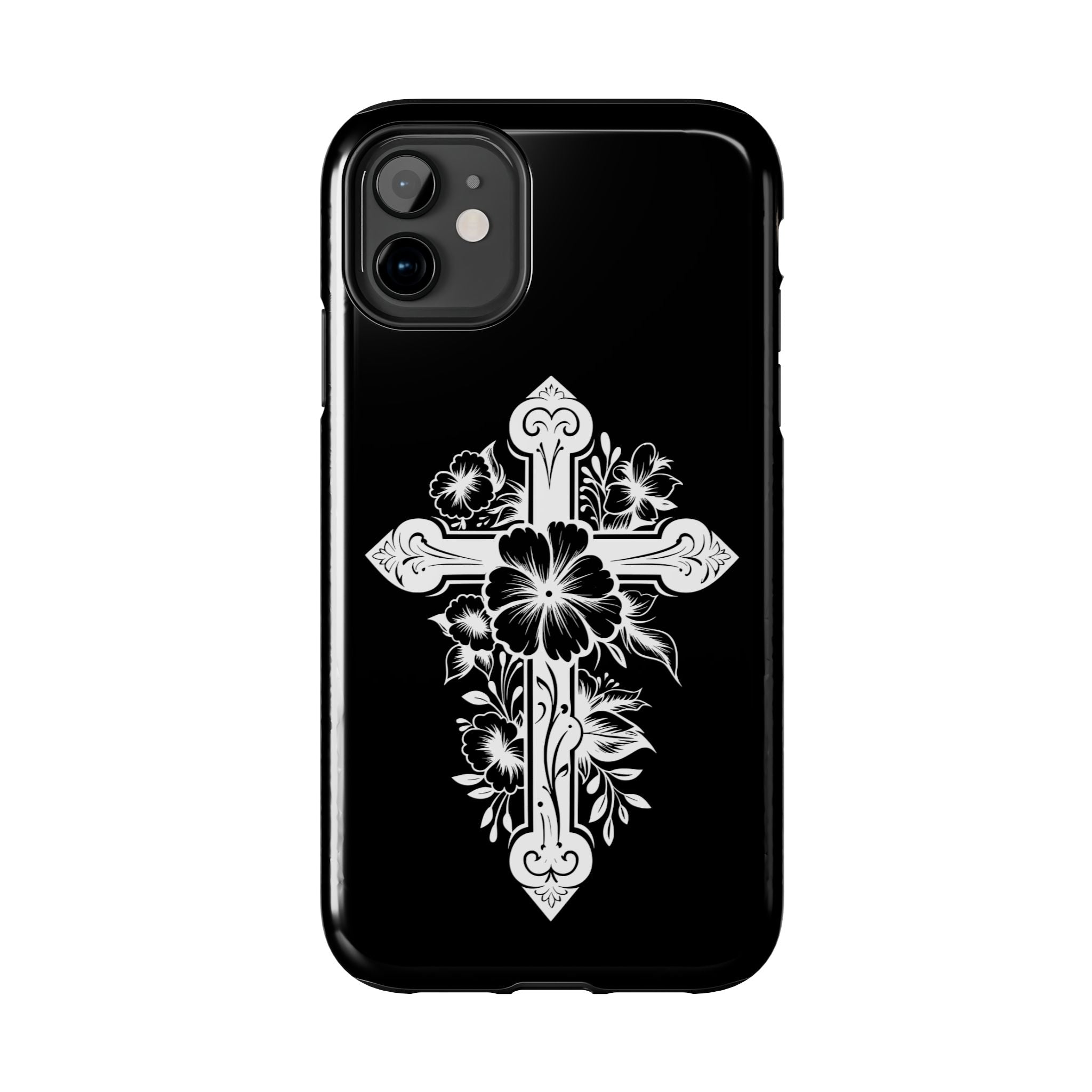 Floral Cross Tough Phone Case — Black Protective Christian Phone Cover