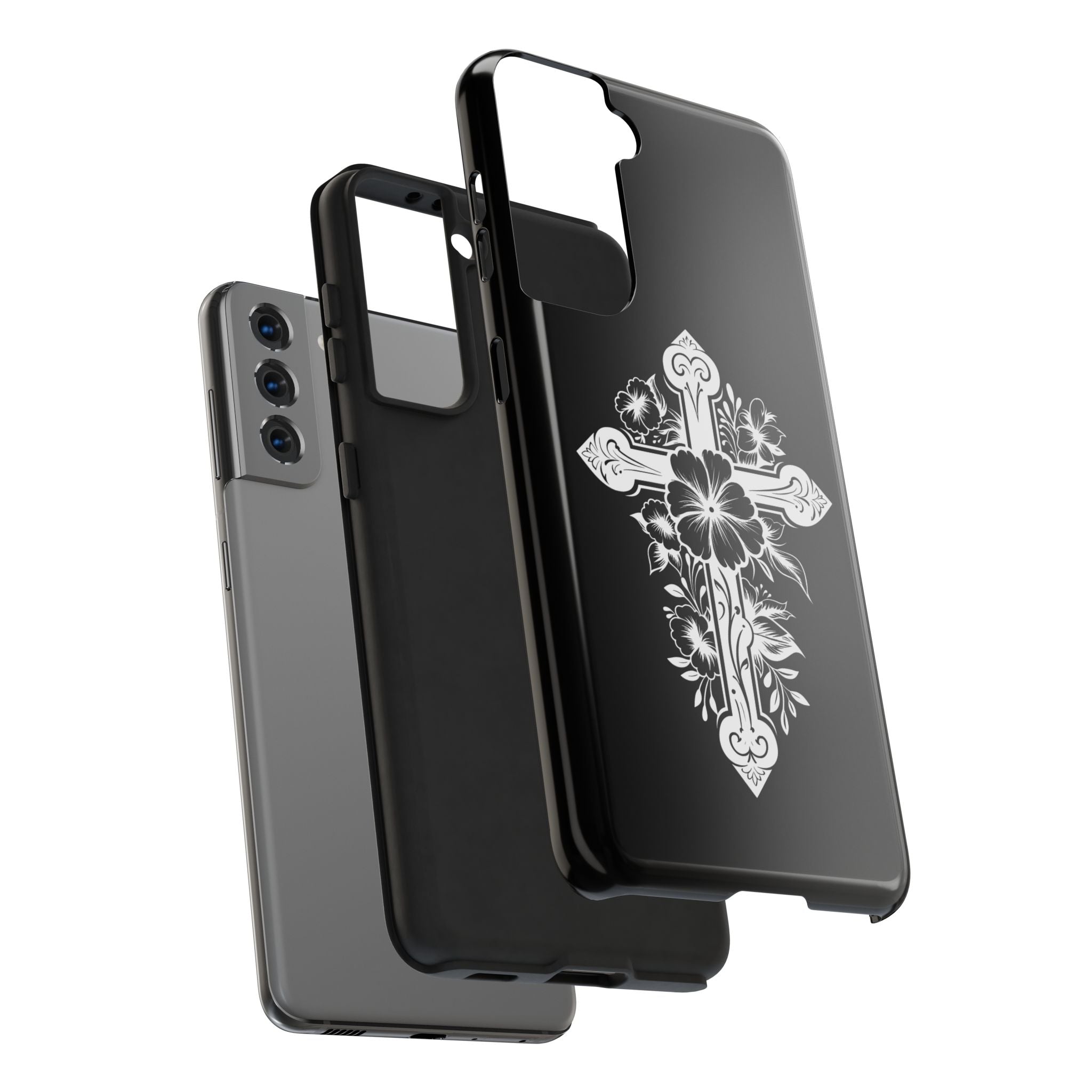Floral Cross Tough Phone Case — Black Protective Christian Phone Cover