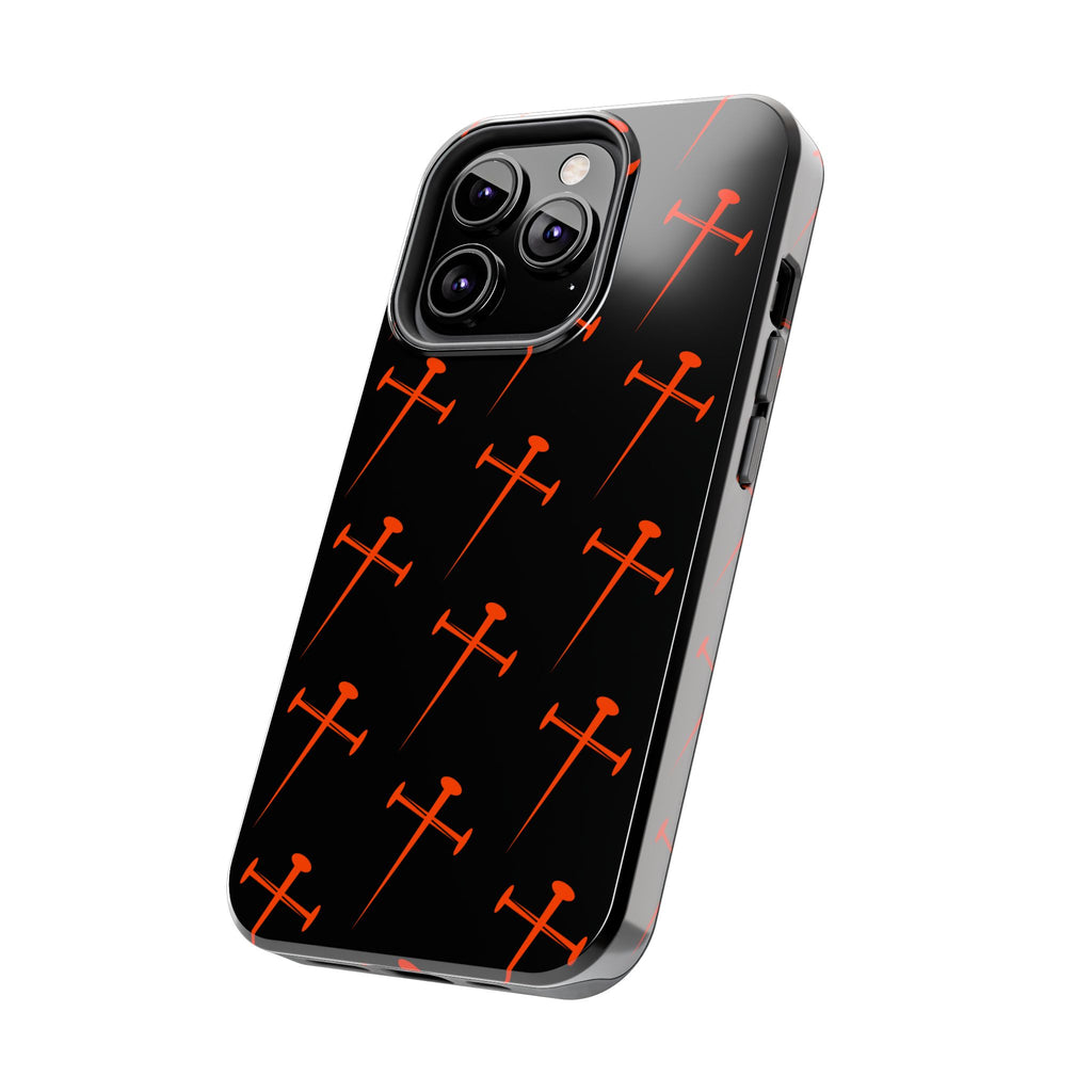 Black Tough Phone Case with Orange Nail Cross Pattern