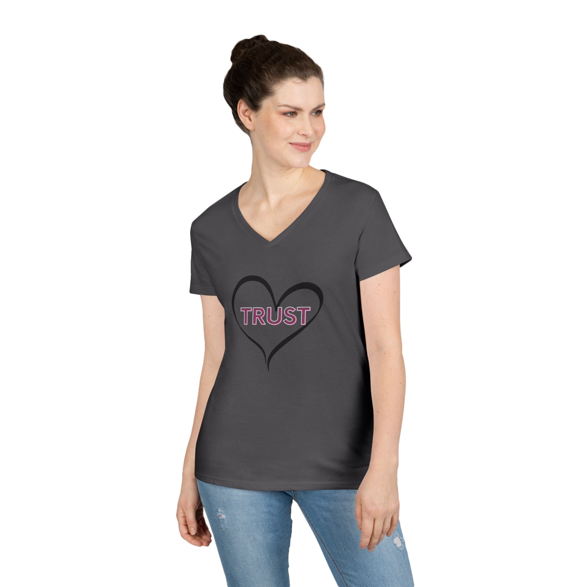 Ladies' V-Neck T-Shirt — Heart "TRUST" Faith Tee with Proverbs 3:5 Back Design