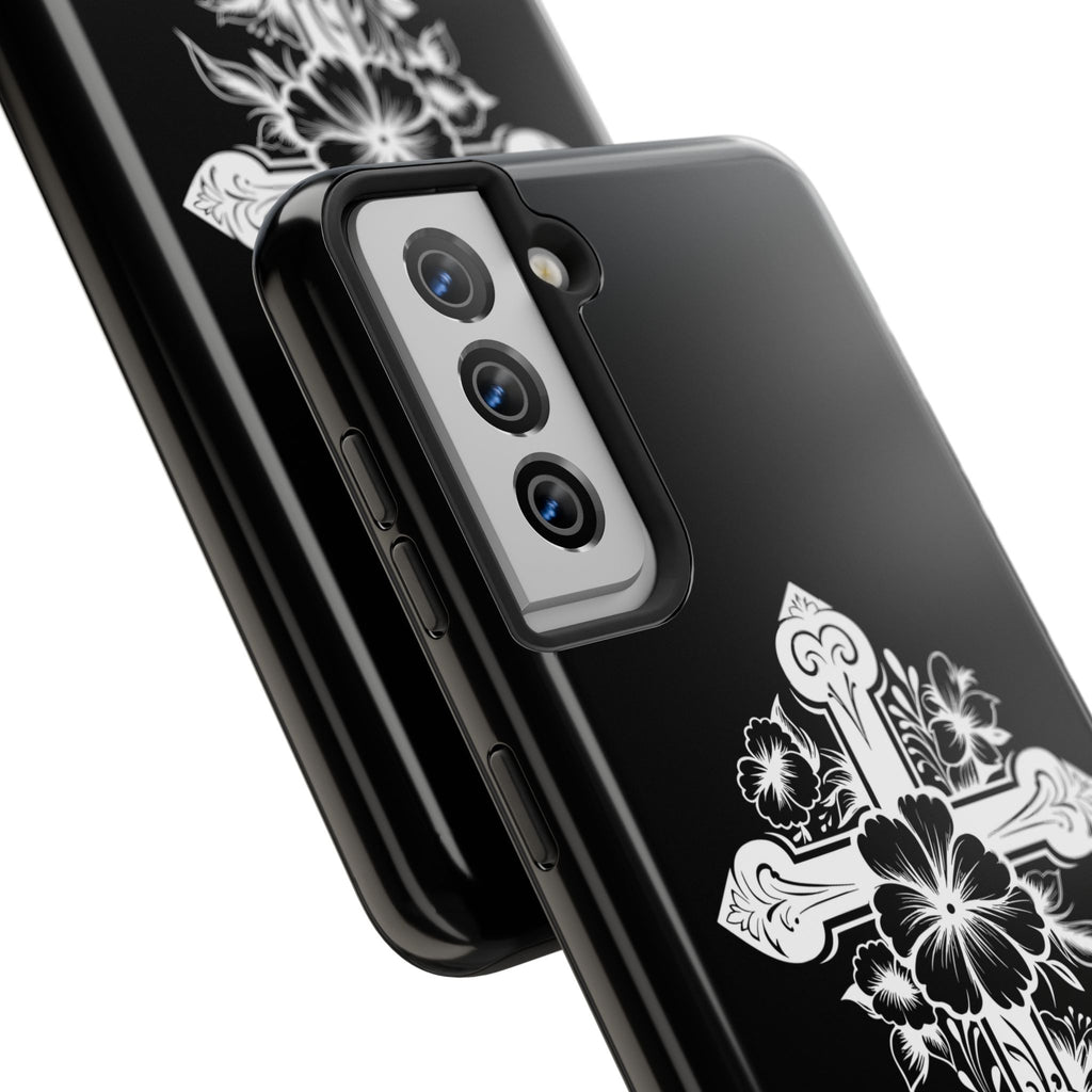 Floral Cross Tough Phone Case — Black Protective Christian Phone Cover