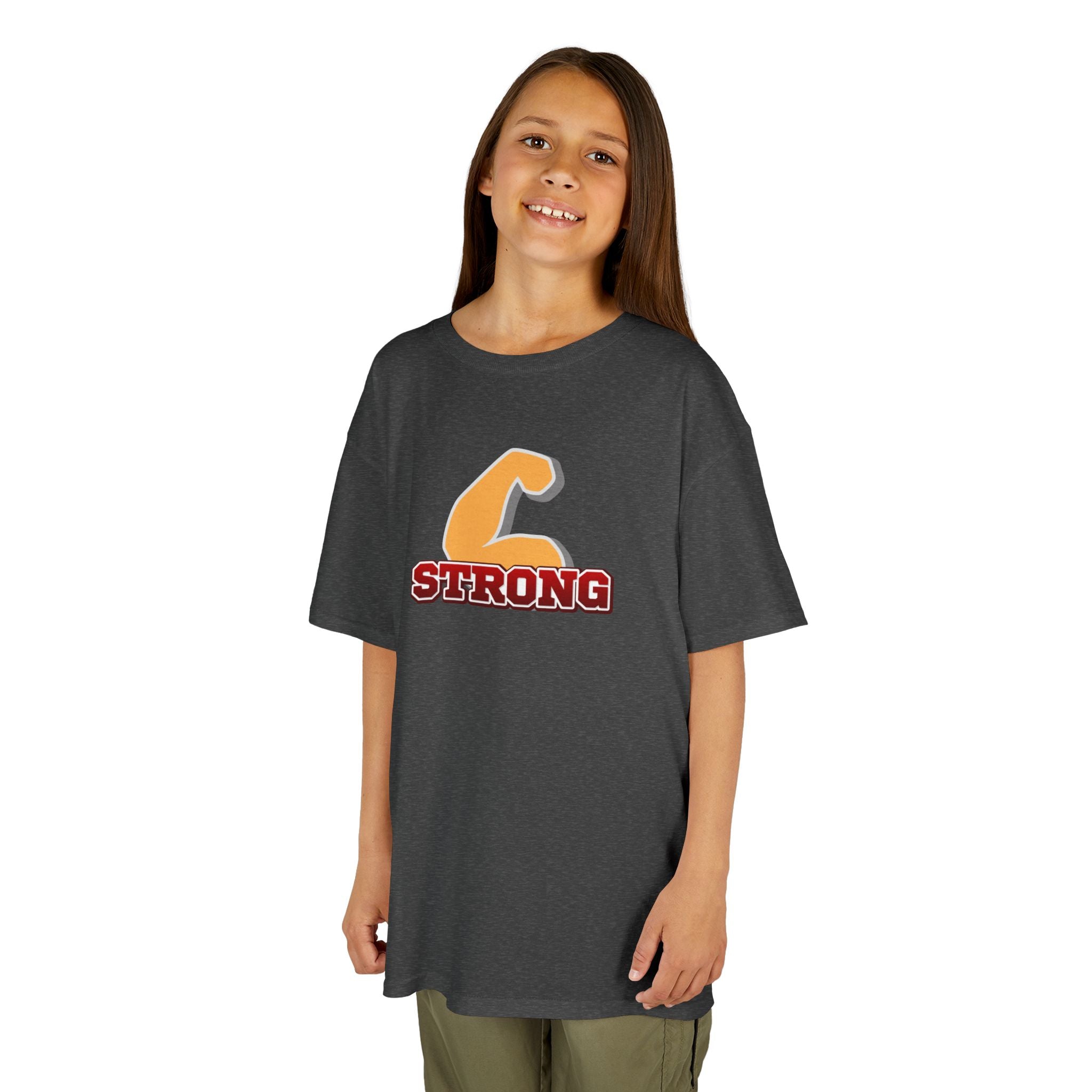 Kids Tee — "Strong" Muscle Graphic with Philippians 4:13 Back (Christian Inspirational)