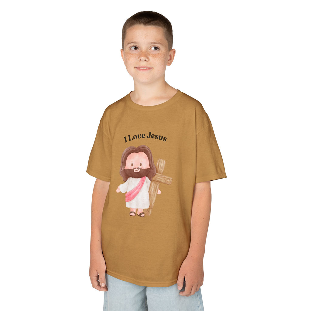 Kids T-Shirt — Cute "I Love Jesus" Cartoon Jesus Holding Cross — Christian Easter Gift for Children