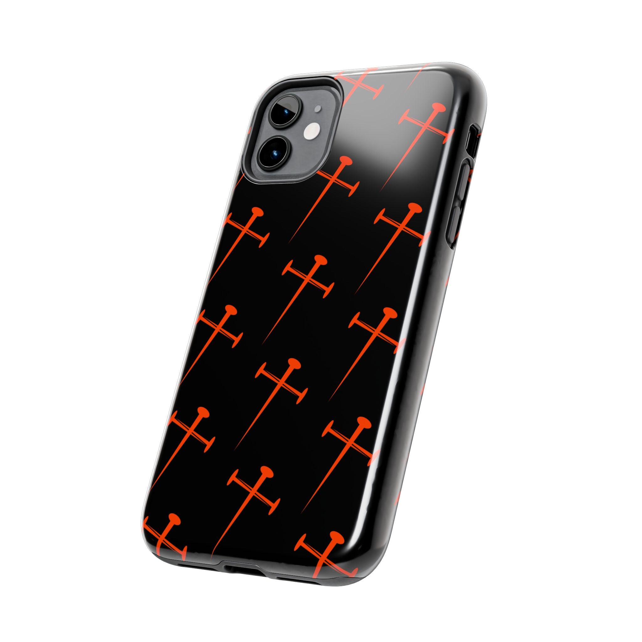 Black Tough Phone Case with Orange Nail Cross Pattern