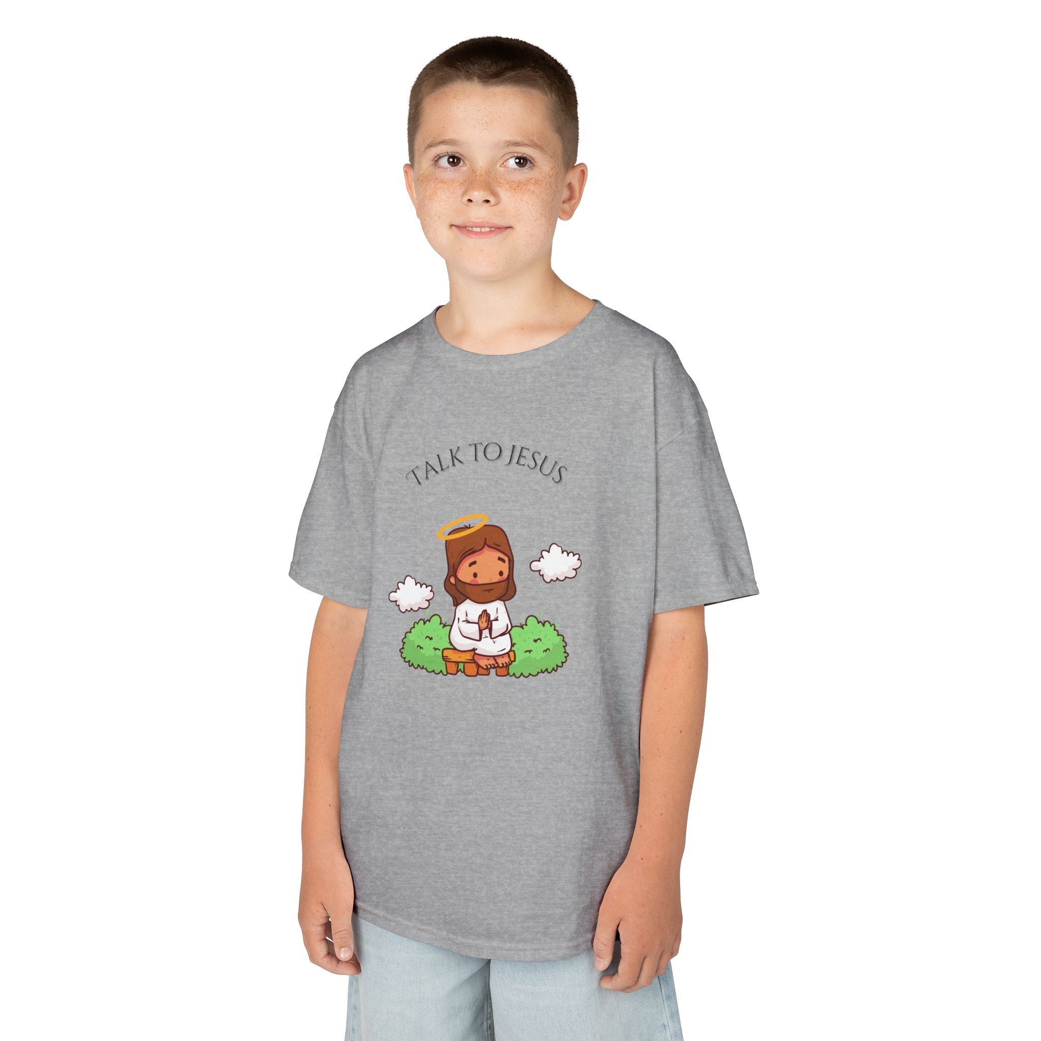 Kids Tee — Cute "Talk to Jesus" Cartoon Jesus Graphic Youth Faith Shirt