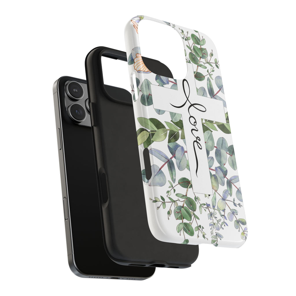 Religious Cross Tough Phone Case — Eucalyptus Floral "Love" Design