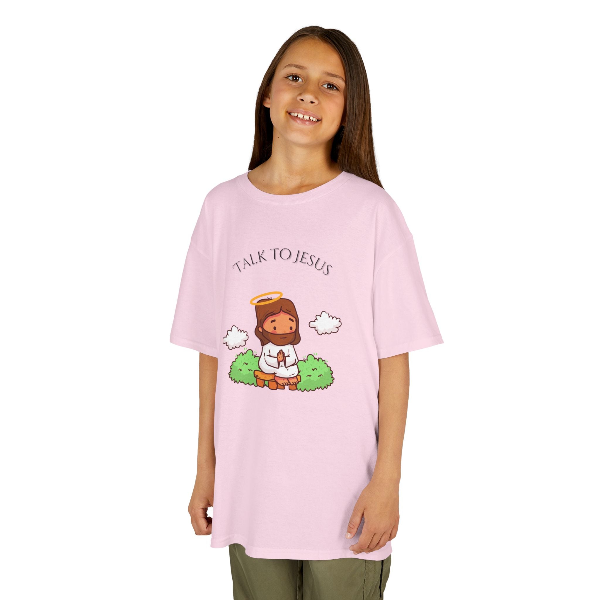 Kids Tee — Cute "Talk to Jesus" Cartoon Jesus Graphic Youth Faith Shirt