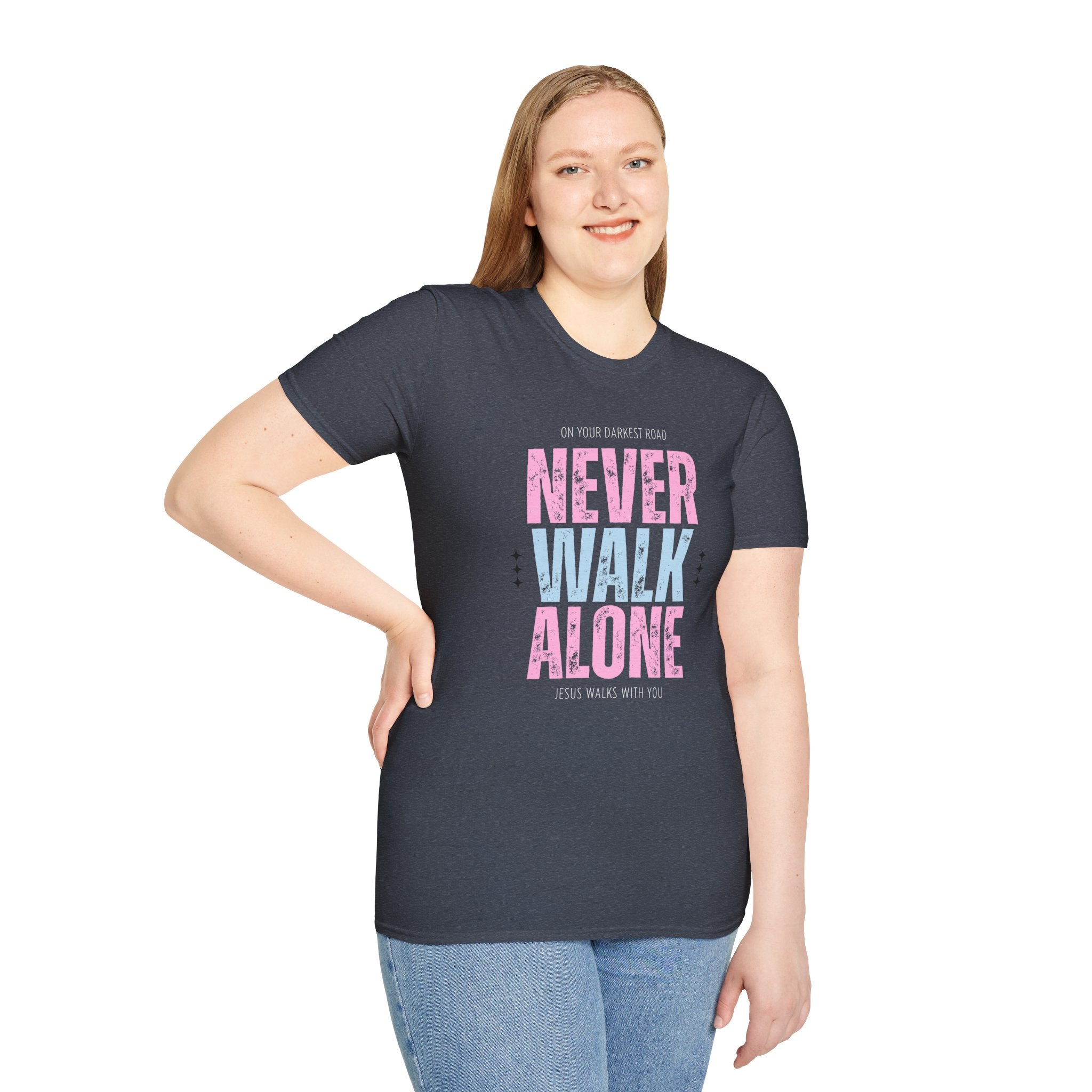 Never Walk Alone Jesus Walks With You T-Shirt — Pastel Pink & Blue Inspirational Tee