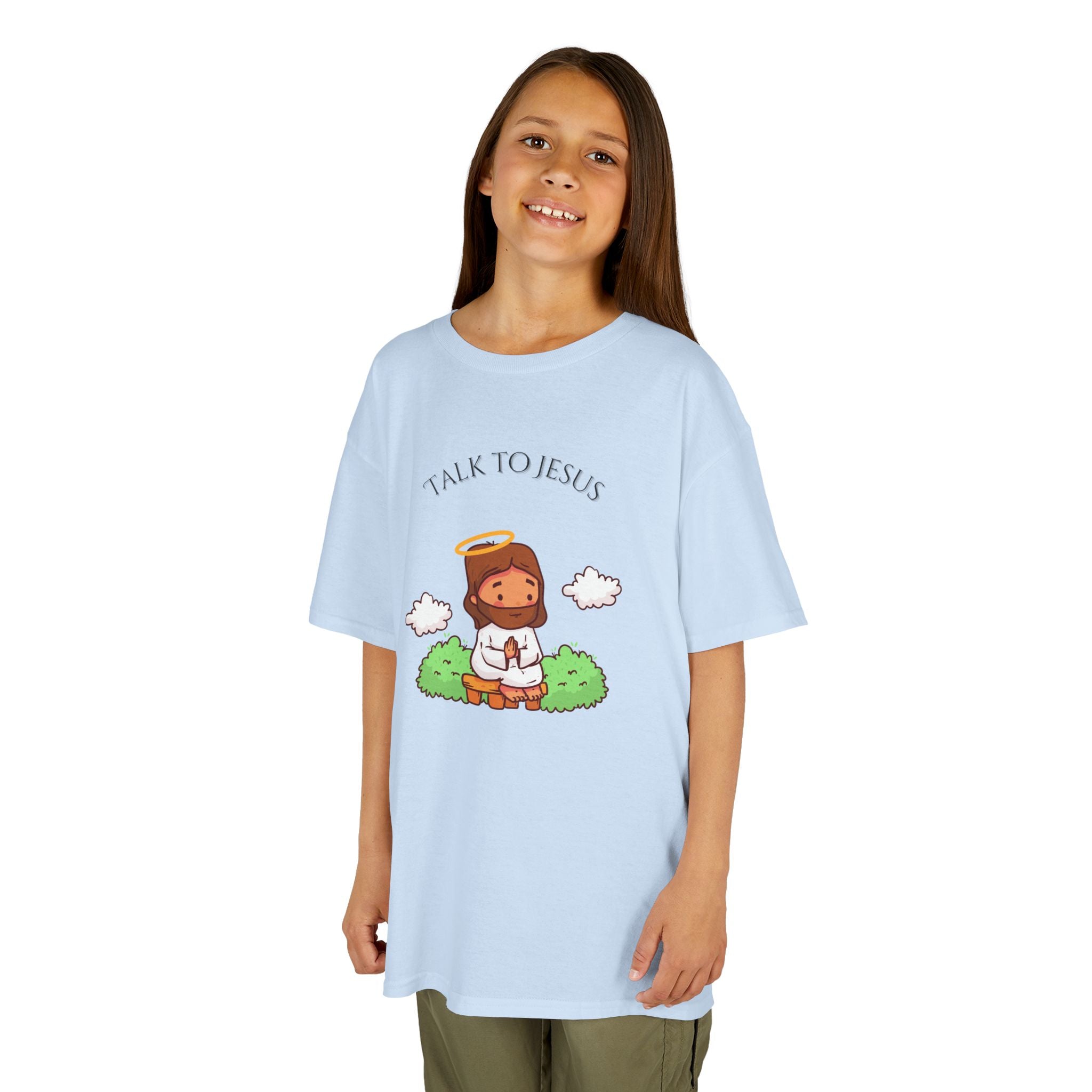 Kids Tee — Cute "Talk to Jesus" Cartoon Jesus Graphic Youth Faith Shirt