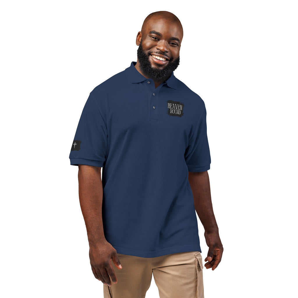 Embroidered Heaven Bound Patch Polo Shirt, Cross on Right Sleeve