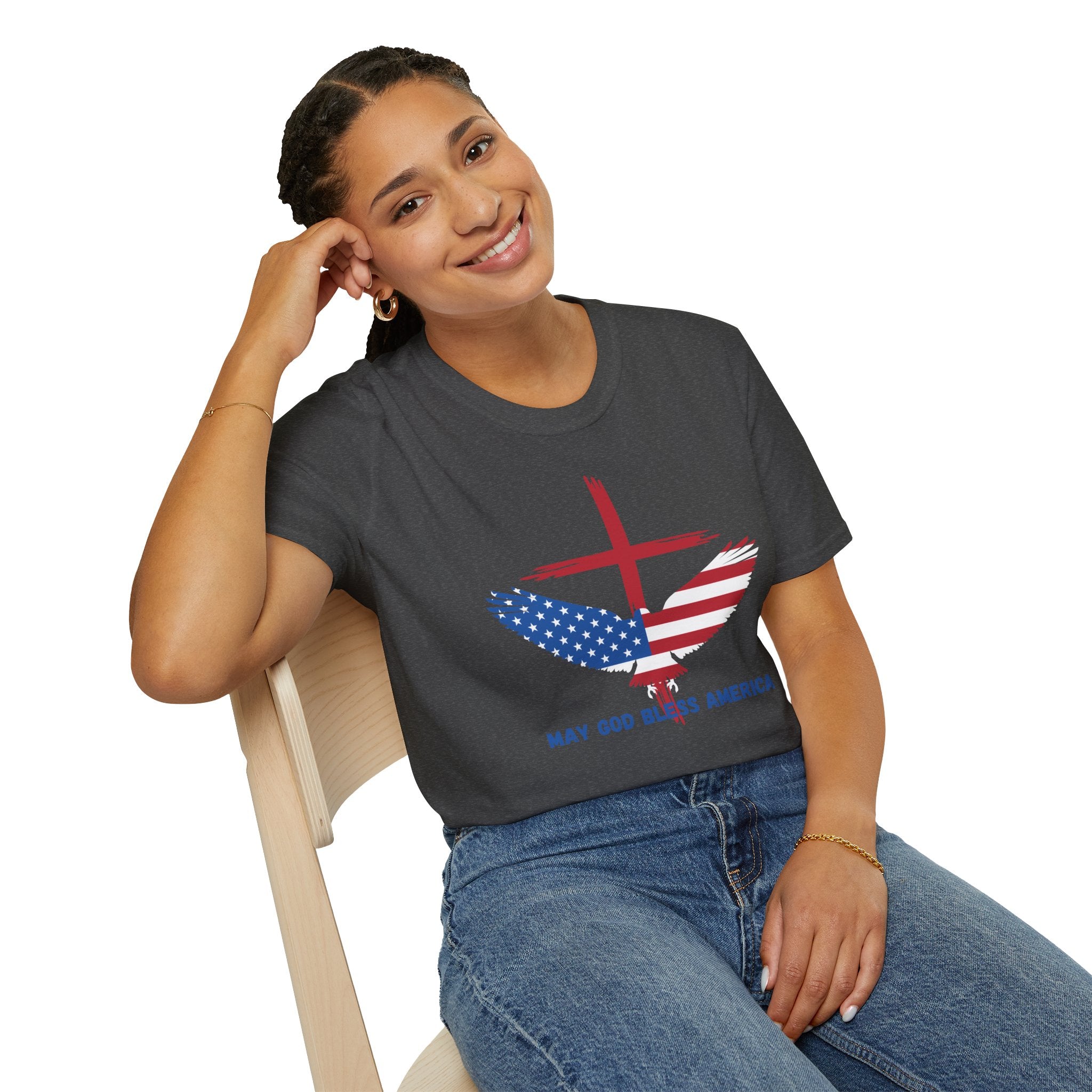 Patriotic Eagle T-Shirt — "May God Bless America" Flag Cross Graphic