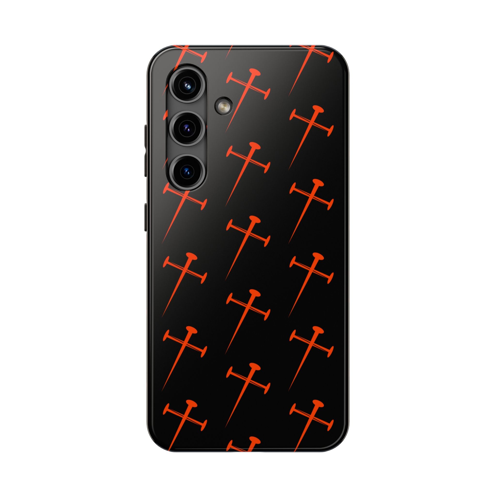 Black Tough Phone Case with Orange Nail Cross Pattern