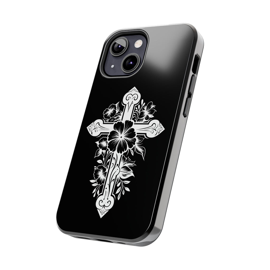 Floral Cross Tough Phone Case — Black Protective Christian Phone Cover