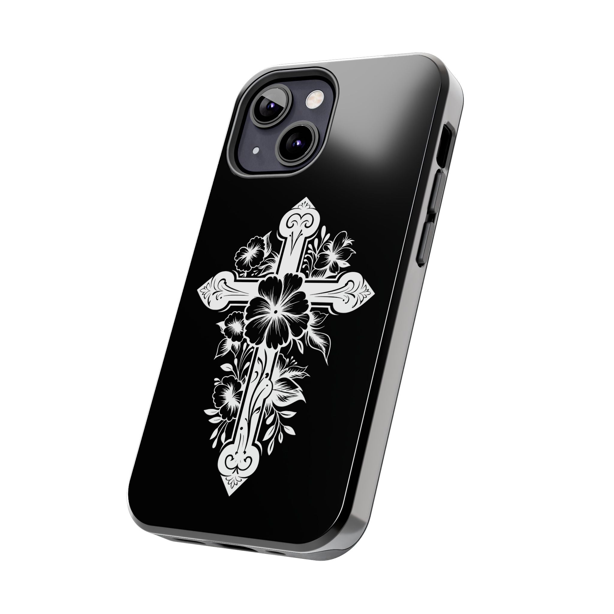 Floral Cross Tough Phone Case — Black Protective Christian Phone Cover