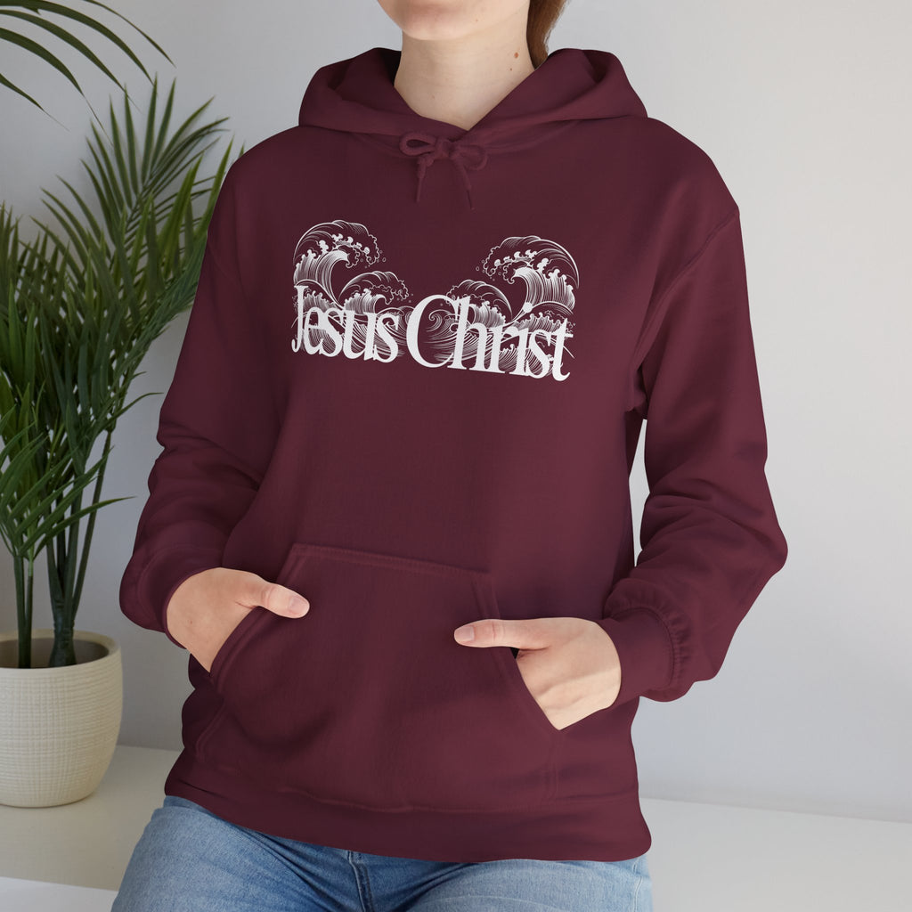 Jesus Christ Hoodie — Wave Graphic with Scripture Back (Faith-Based Christian Sweatshirt)