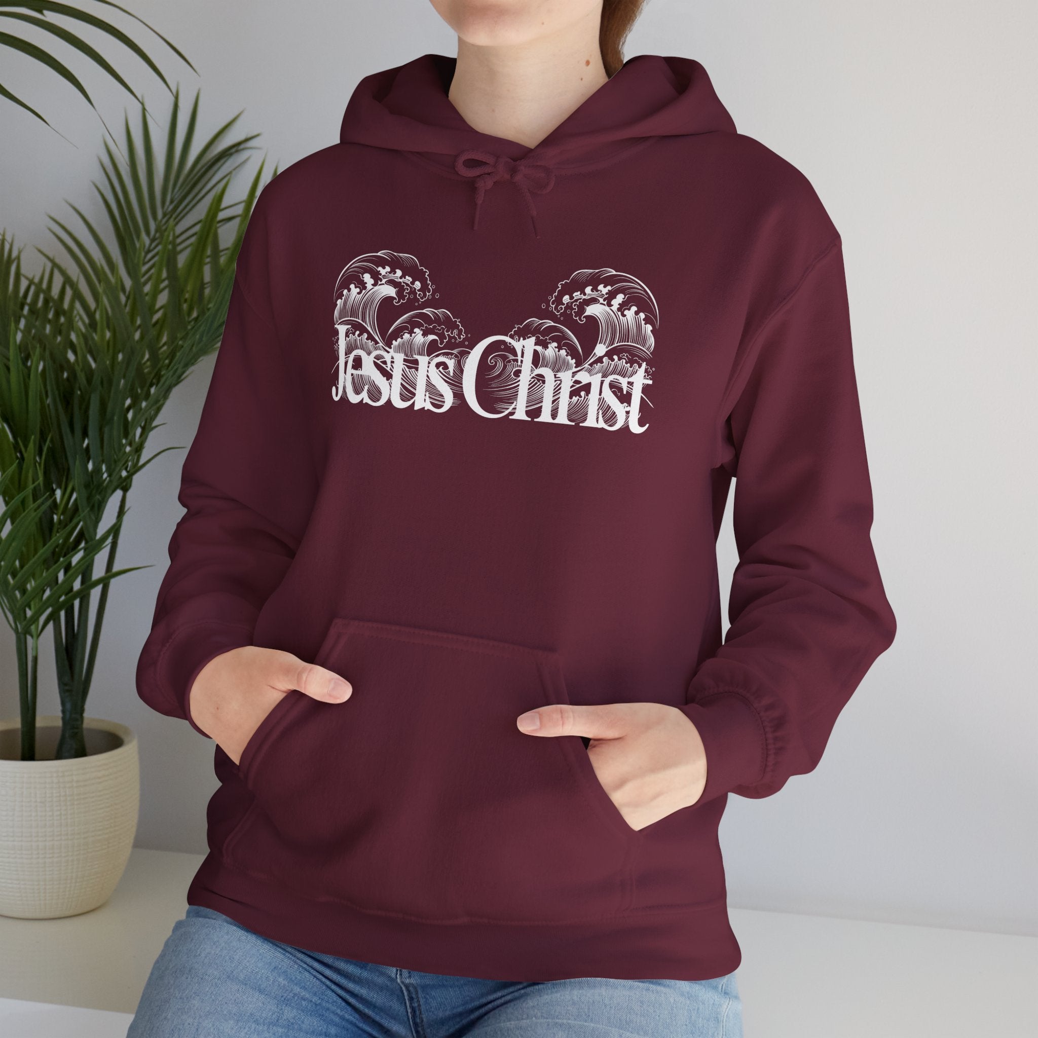 Jesus Christ Hoodie — Wave Graphic with Scripture Back (Faith-Based Christian Sweatshirt)