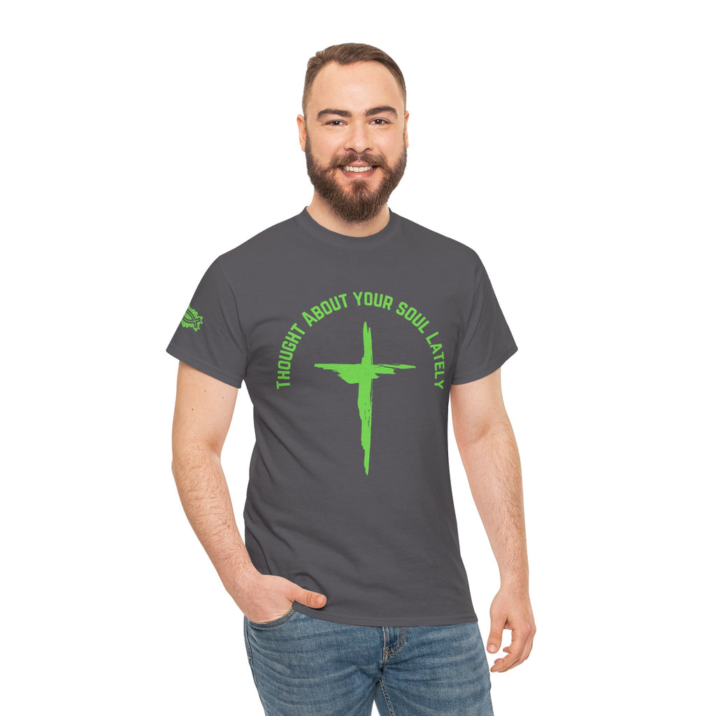 “Thought About Your Soul Lately” Cross Tee — Neon Green Spiritual Graphic T-Shirt